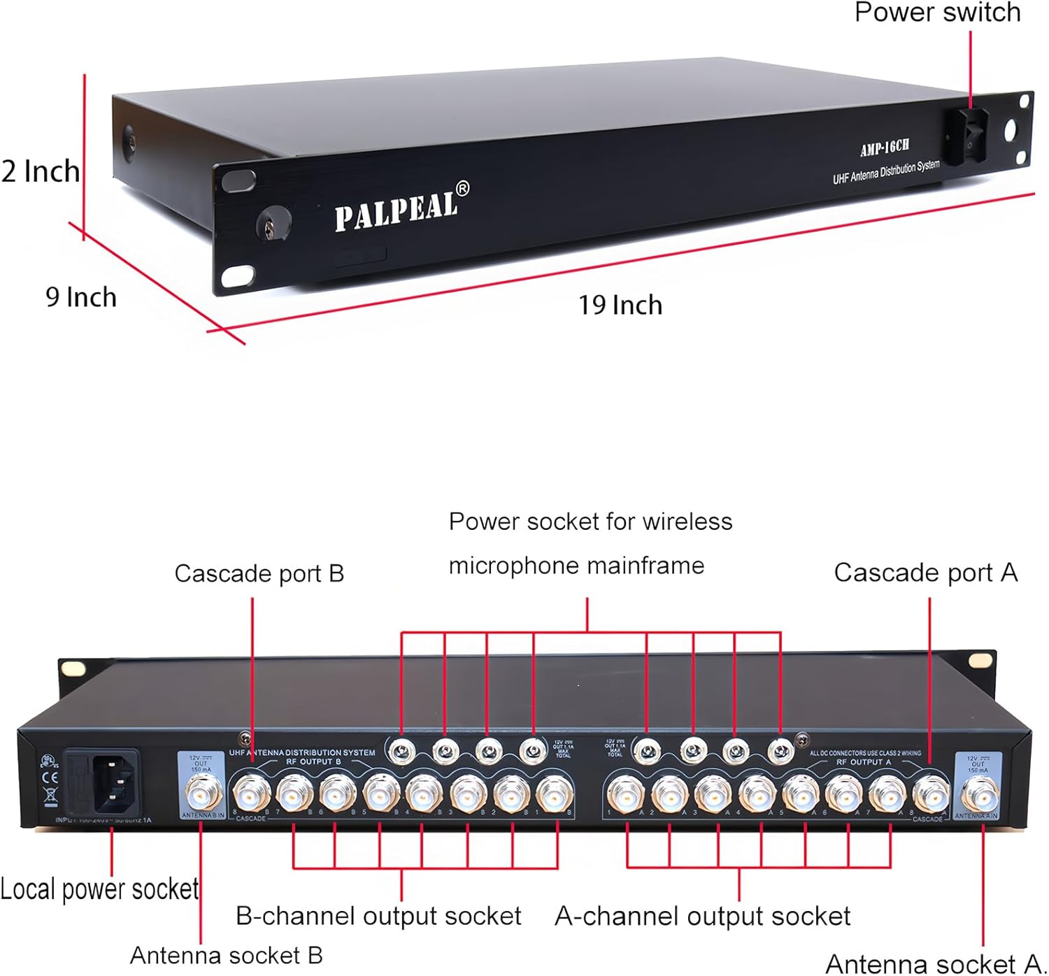 AMP-16CH 16 Channels Wireless Antenna Distribution System,14 Outputs + 2 Cascade Ports,UHF Active Directional Antenna,2200 FT,Wireless Microphone Signal Amplifier