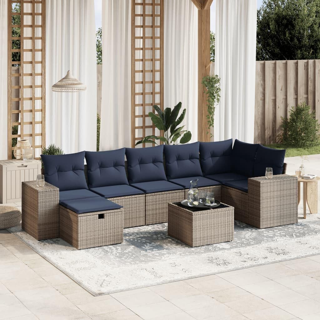 8 Piece Patio Sofa Set, Gray Poly Rattan Outdoor Furniture with Cushions, Tempered Glass Table, Modular Design for Backyard Terrace