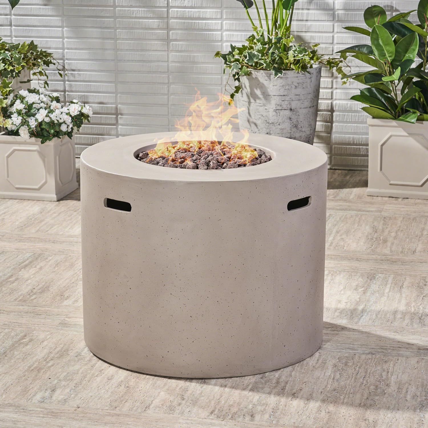 31 Inches Round Light Grey Fire Pit 40,000 Btu Outdoor Propane Fire Pit with Lava Rocks, Patio, Backyard, and Deck Durable Stylish (1 Doors)