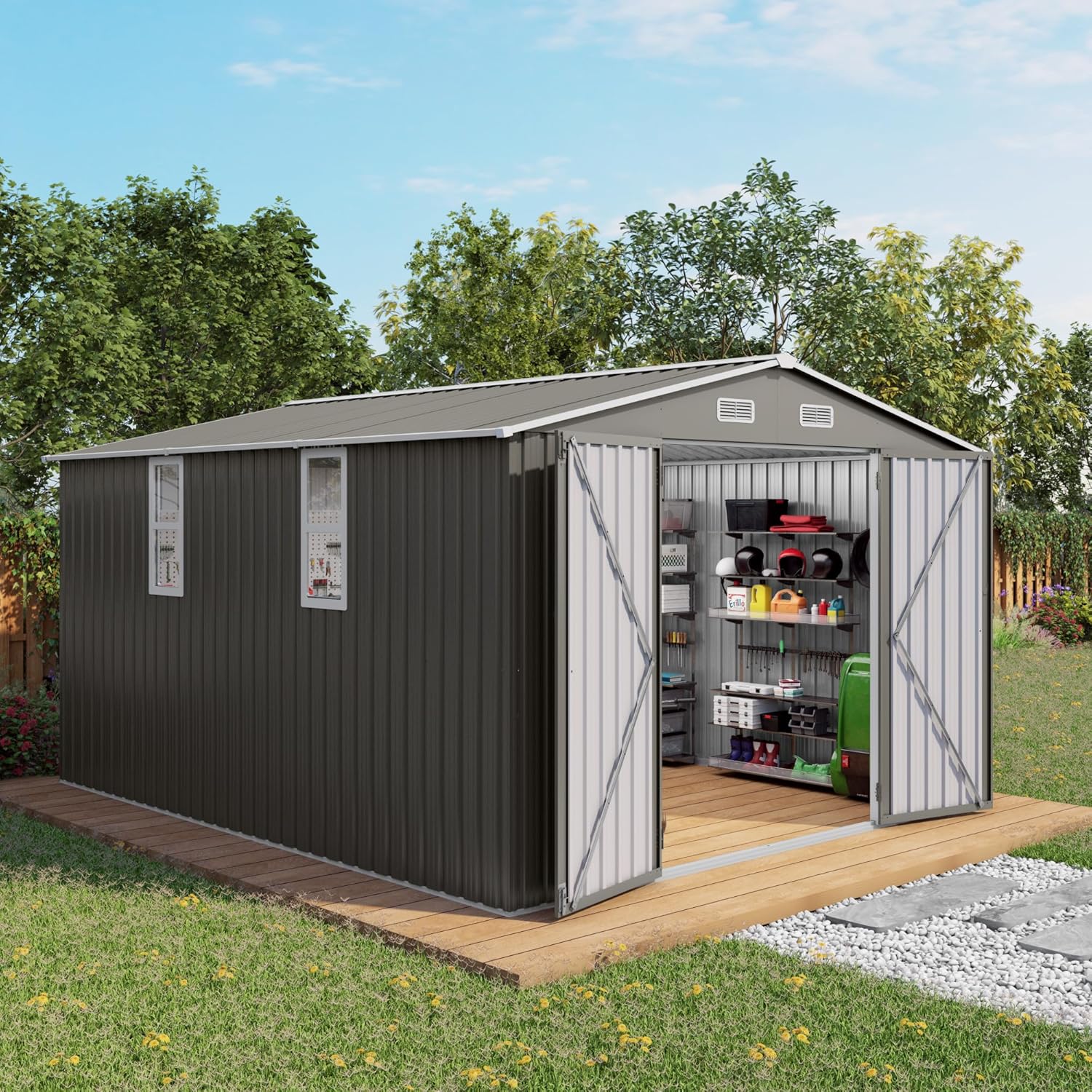 10x12 FT Outdoor Storage Shed with Windows, Metal Sheds & Outdoor Storage with Lockable Door and 4 Vents, Outside Storage Shed Waterproof for Backyard, Garden, Patio, Gray