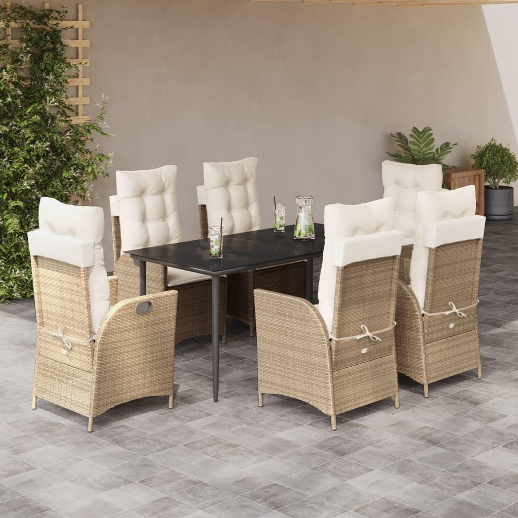 Furniture Sets 7 Piece Patio Dining Set with Cushions Beige Poly Rattan,Outdoor Dining Set with Adjustable Reclining Garden Chairs in Durable PE Rattan, 7Piece Garden Conversation Sets