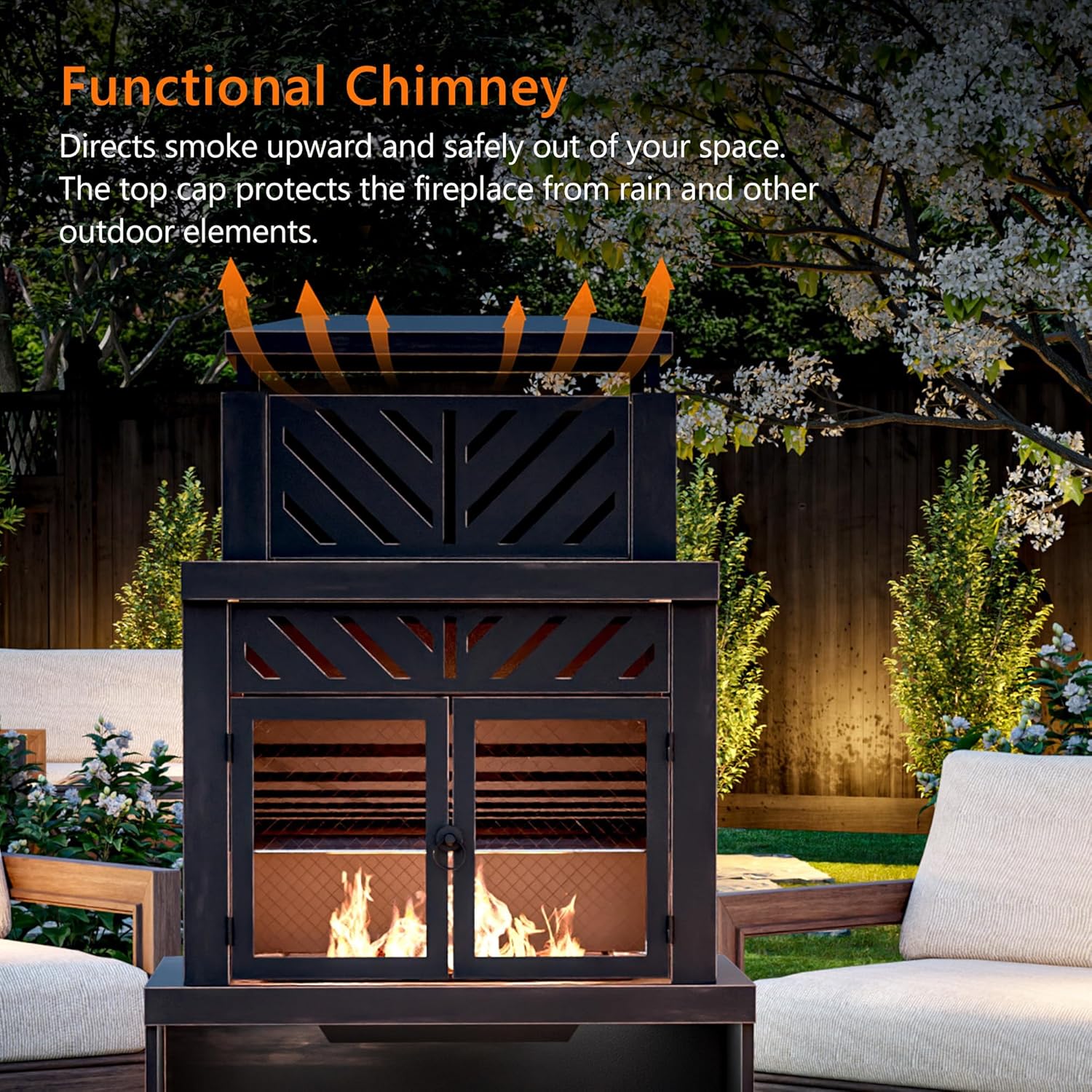 Outdoor Fireplace with Chimney and Wood Storage, Metal Wood Burning Fire Pit with Heat Resistant Gloves, Fire Poker and Grill Mesh, Outside Fireplace for Patio, Garden and Deck, Black