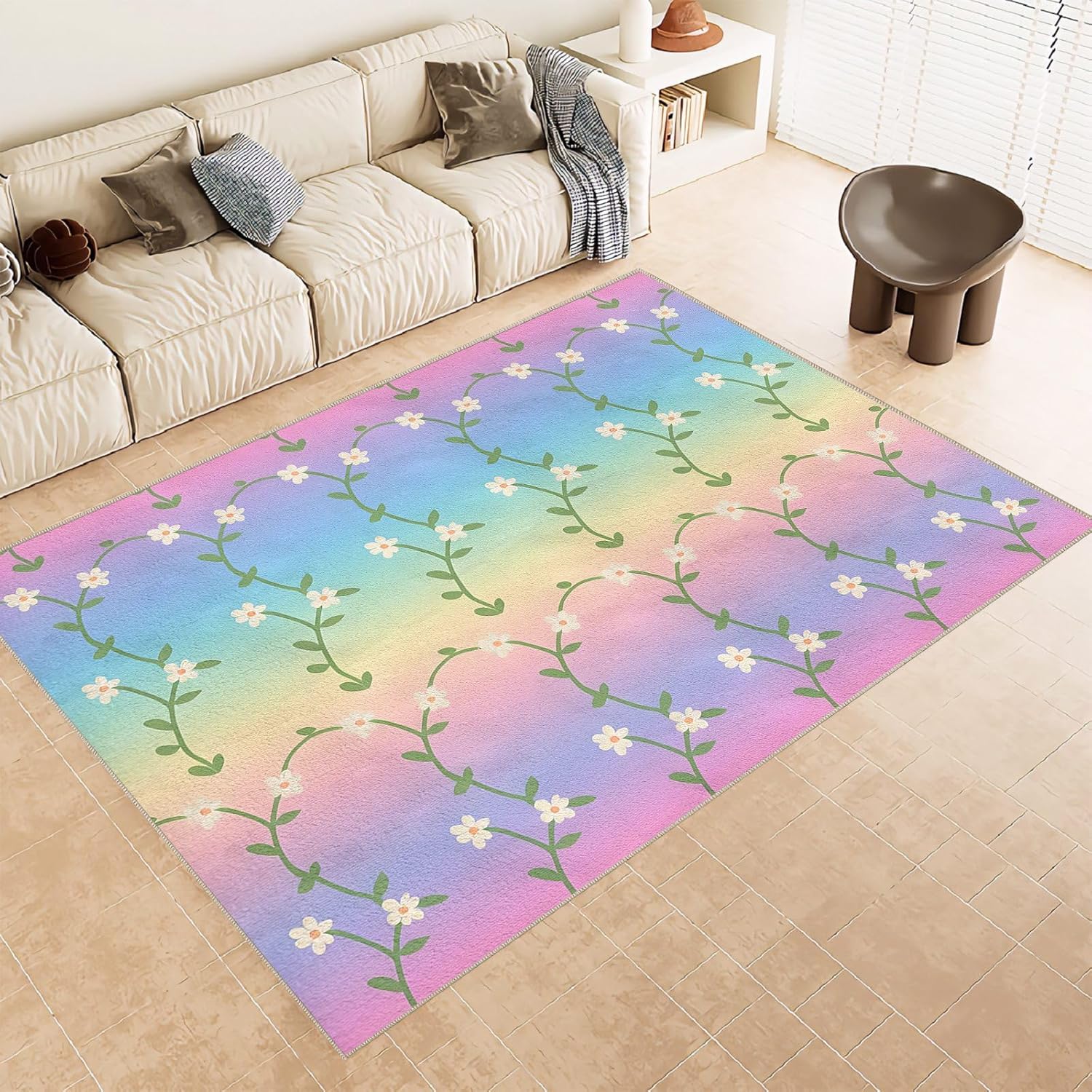 Cutecore 8x10 Area Rugs Whimsical Area Rug, Ultra Soft Faux Wool Retro Rugs for Bedroom, Dining Room, Non Slip&Non-Shedding Low Pile Print Rug Indoor Large Carpets for Home Office Decor