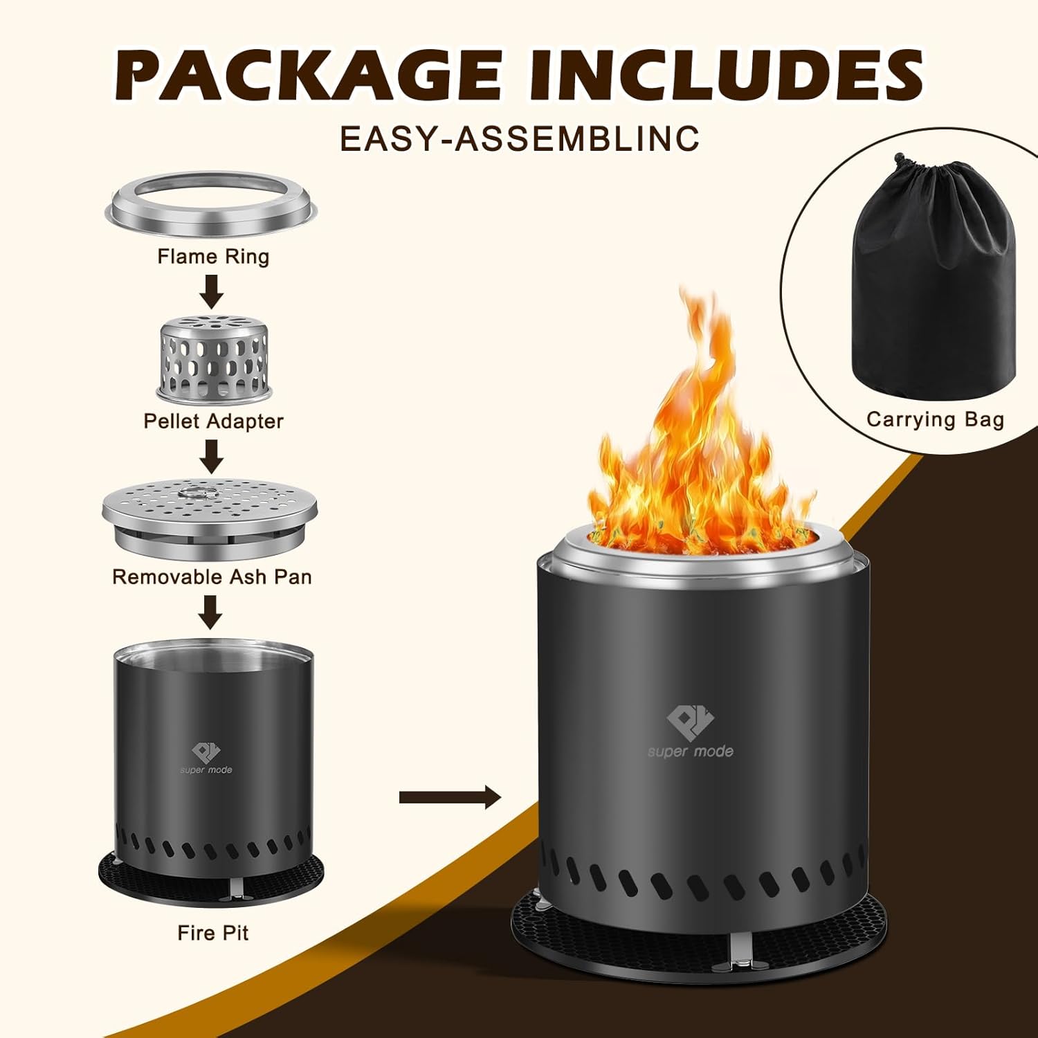 PY SUPER MODE Tabletop Fire Pit with Stand 10.2 x 8.7 in, Smokeless Firepit Camping Outdoor Table Top Firepit for Urban & Suburbs with Portable Travel Bag, Fueled by Pellets or Wood, Stainless Steel