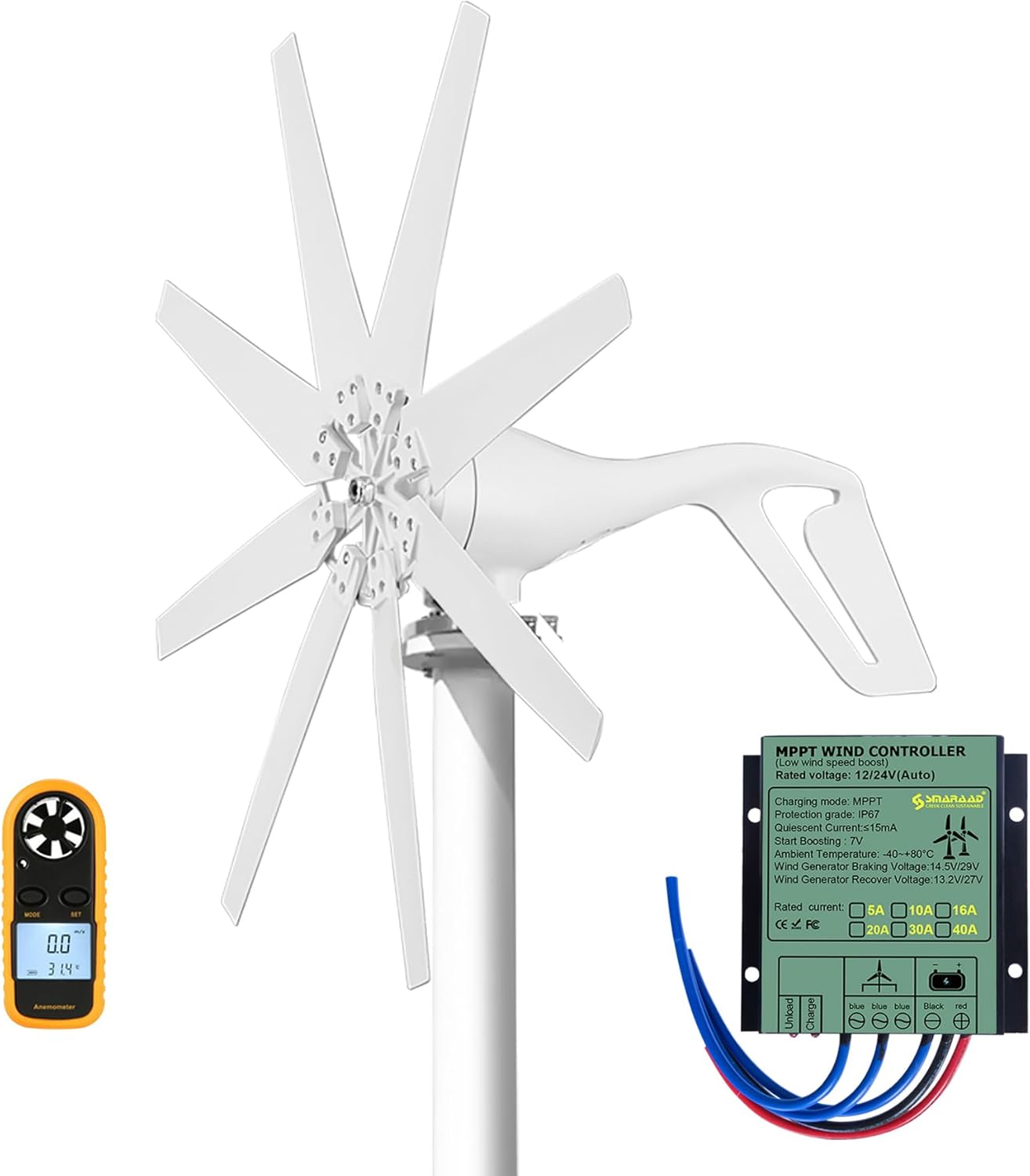 Smaraad 600W 12V Wind Turbine Generator, Wind Generator Kit with Charge Controller, Wind Power Generator for Marine, RV, Home, Windmill Generator Suit for Hybrid Solar Wind System