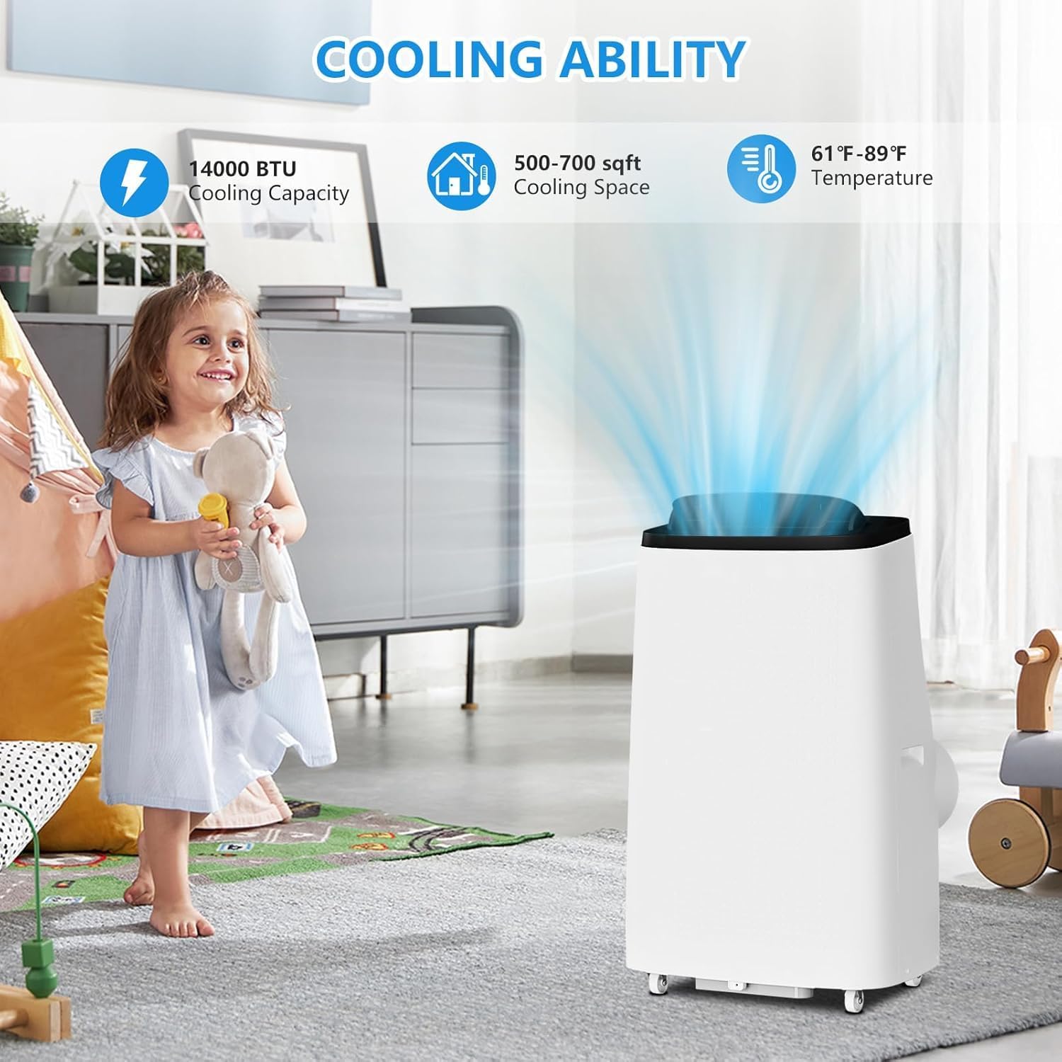 14000 BTU Portable Air Conditioner with Dehumidifier & Fan - 3-in-1 Cooling Unit for Rooms Up to 750 Sq.Ft, 90Pints/Day Dry Mode, 50dB Ultra Quiet, Self-Evaporative, Window Kit Included