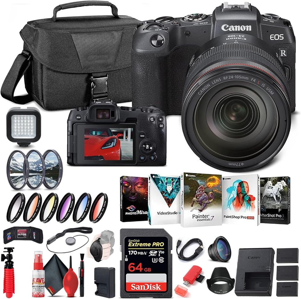 Canon EOS RP Mirrorless Digital Camera with 24-105mm Lens (3380C012) + 64GB Memory Card + Color Filter Kit + Case + Filter Kit + Corel Photo Software + 2 x LPE17 Battery + Charger + More (Renewed)
