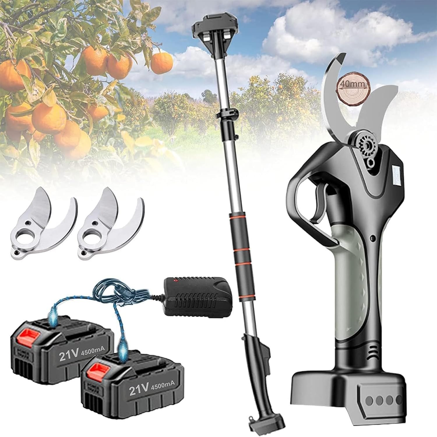 Electric Pruning Shears,Handheld Cordless Electric Pruning Shears with Carry Case,with Extension Pole - Cordless Electric 40mm,for Pruning Trees and Shrubs and Fruit Trees