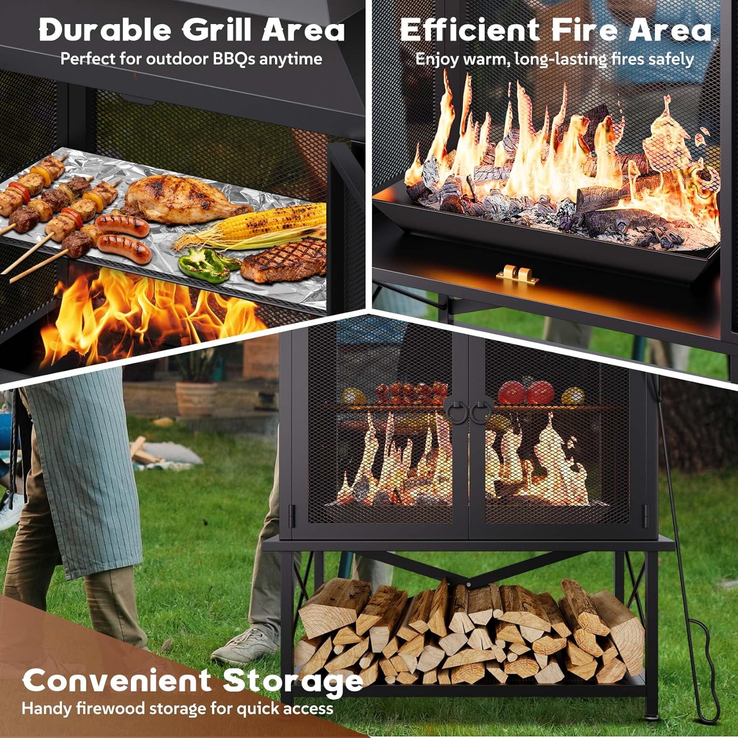 Outdoor Chiminea Fire Pit with Grill and Wood Storage, Large Wood Burning Fireplace for Outside with Chimney, Mesh Spark Screen Door & Fire Poker, Ideal for Patio, Backyard, Garden, and Camping