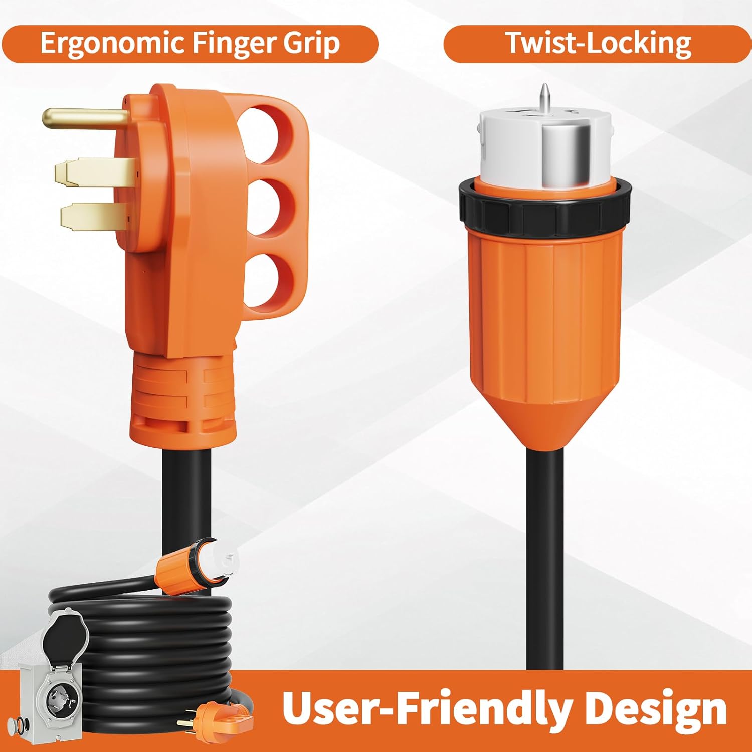 50 Amp Generator Cord and Power Inlet Box 10FT 50 Amp 125V/250V STW 6/3+8/1 AWG Pure Copper Generator Extension Cord,NEMA 14-50P Male to SS2-50R Twist Locking Connector ETL Listed