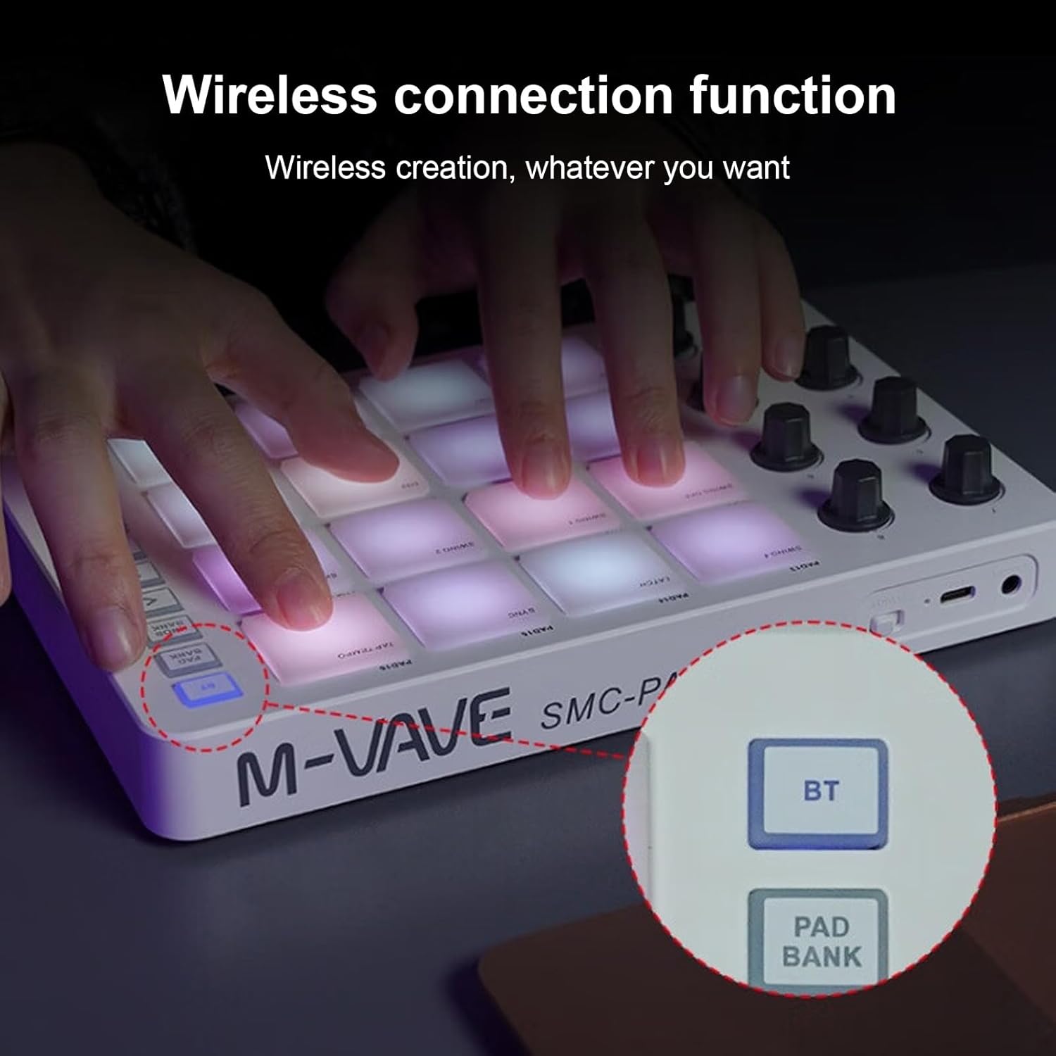 controller,HUIOP midi controller,MIDI Controller Strike Pad RGB Backlight MIDI Keyboard BT Connection Low Latency 3.5mm Output Interface ith 16 Strike Pads 8 Assignable Knobs Note Repeat Portable MIDI