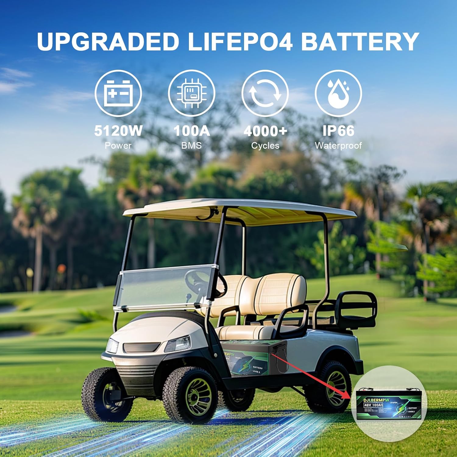 48V 100Ah LiFePO4 Lithium Battery 5120W Power LiFePO4 Batteries Built-in BMS LiFePO4 Iron Phosphate Lithium Battery 4000+ Cycles, for RV,Trolling Motor,Golf Cart,Solar,Boat,Camper
