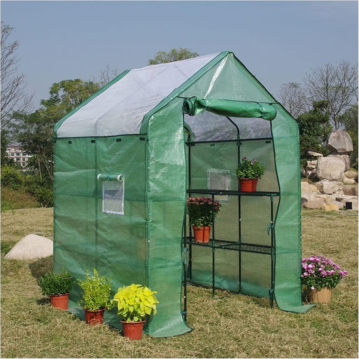 Greenhouse Cover Garden Greenhouse Walk-in Plastic Tomato Growing Room with 10 Shelves, with Side Ventilation Windows, 139x139x195 cm (Color : Green)