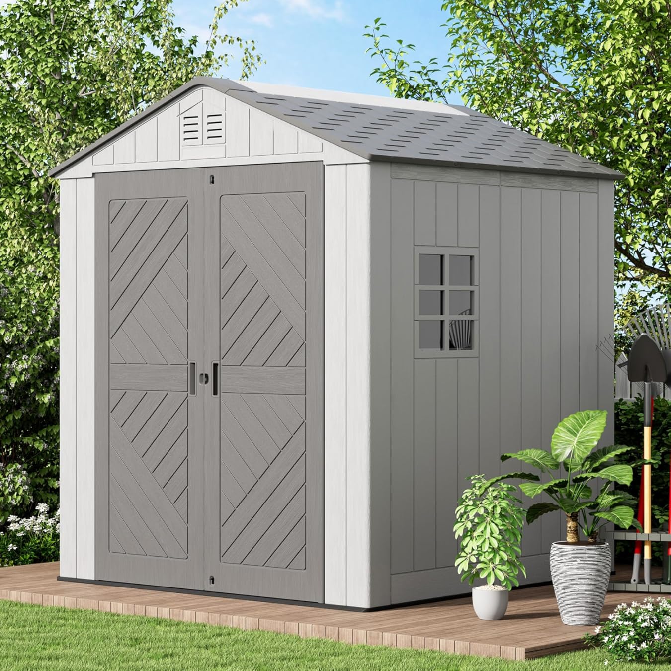 KINYING 6x6 FT Outdoor Storage Shed,Resin Clearance Outdoor Sheds with Floor,Weather Resistant Garden Tool Plastic Shed with Window for Backyard, Garden, Patio, Lawn,Lockable