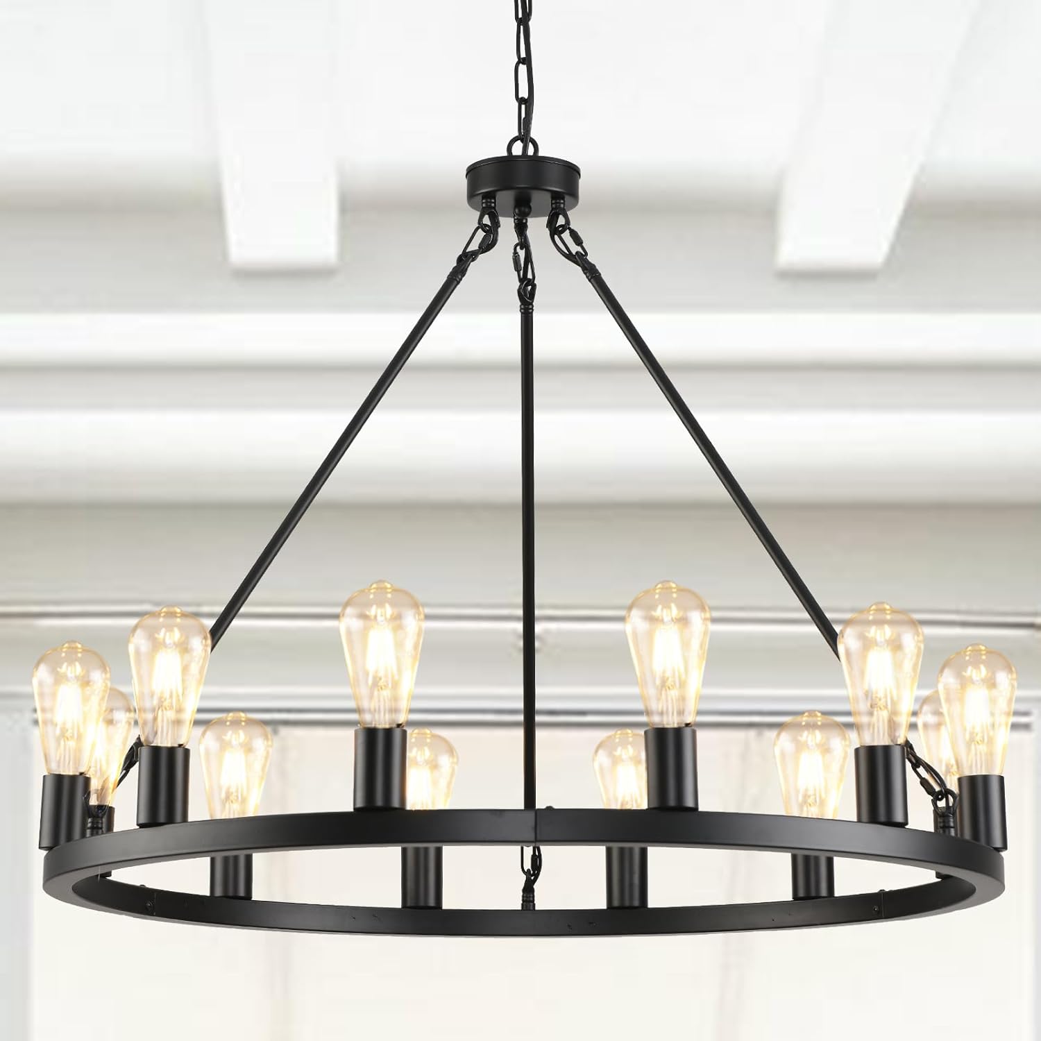 12 Lights Wagon Wheel Chandelier,31.5 inch Black Round Rustic Industrial Vintage Farmhouse Chandeliers for Outdoor Porch High Ceilings Living Dining Room Foyer Entryway