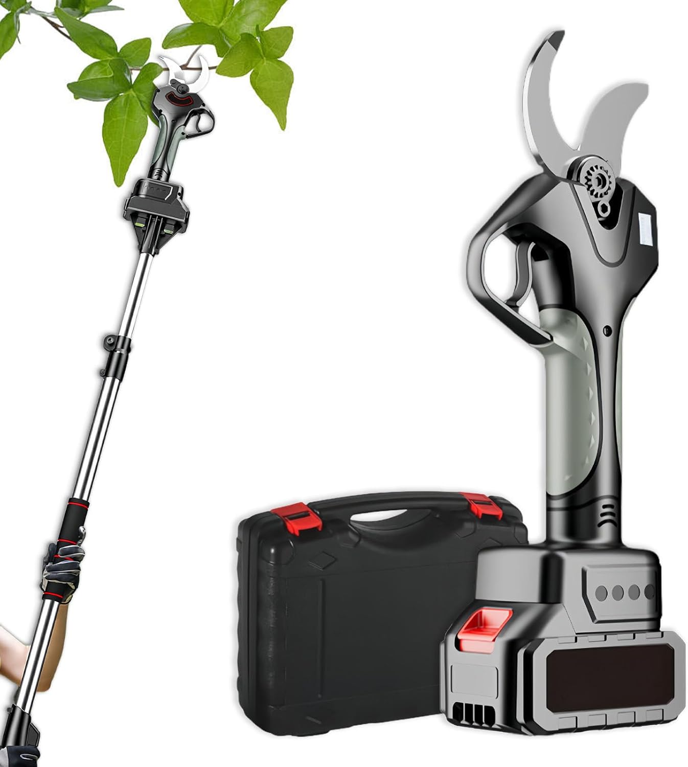 Cordless Electric Pruning Shears,Garden Pruners,50mm Cutting Diameter, With 2.15m Extension Pole,Lcd Display,For Pruning Trees And Shrubs And Fruit Trees 2battery