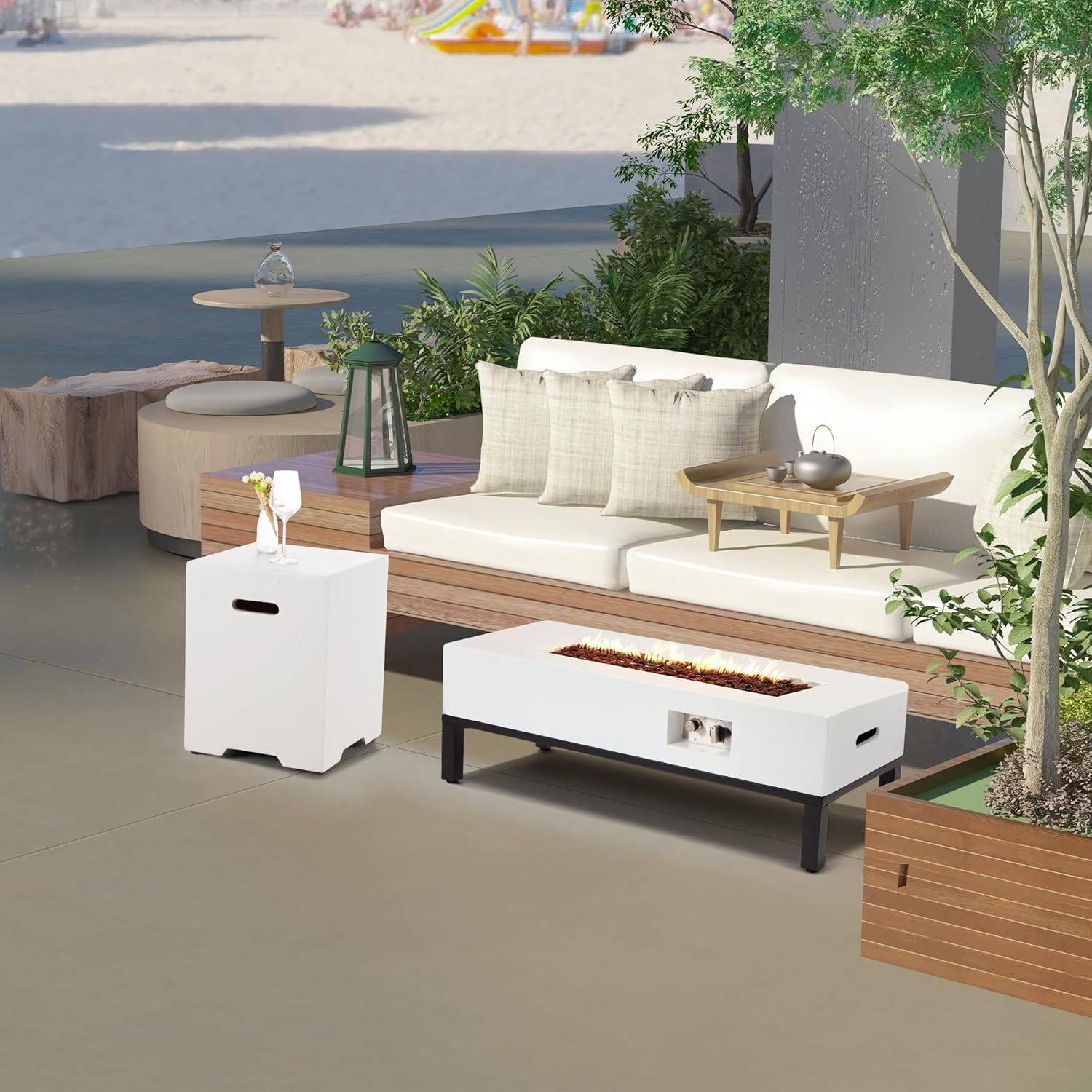 50,000 BTU Rectangle Propane Fire Pit Table w/Tank Table, Outdoor Gas Fireplace for Patio - Includes Rain Cover, Lava Rocks, Auto-Ignition Stand