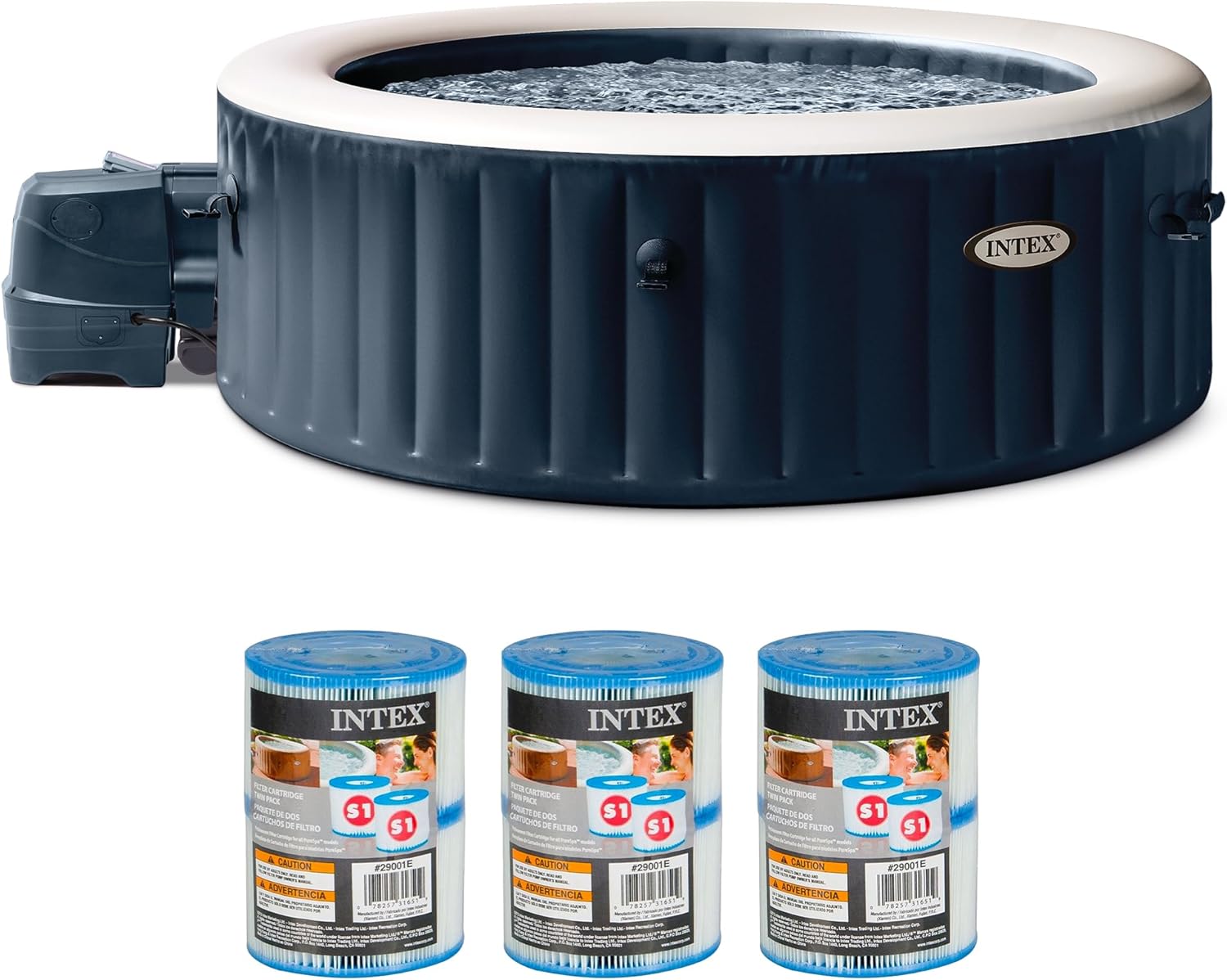 Intex PureSpa Plus Portable Bubble Jet Spa Inflatable Hot Tub with 2 Headrests, Insulated Cover, and Spa Filter Replacement Cartridges (6 Pack)