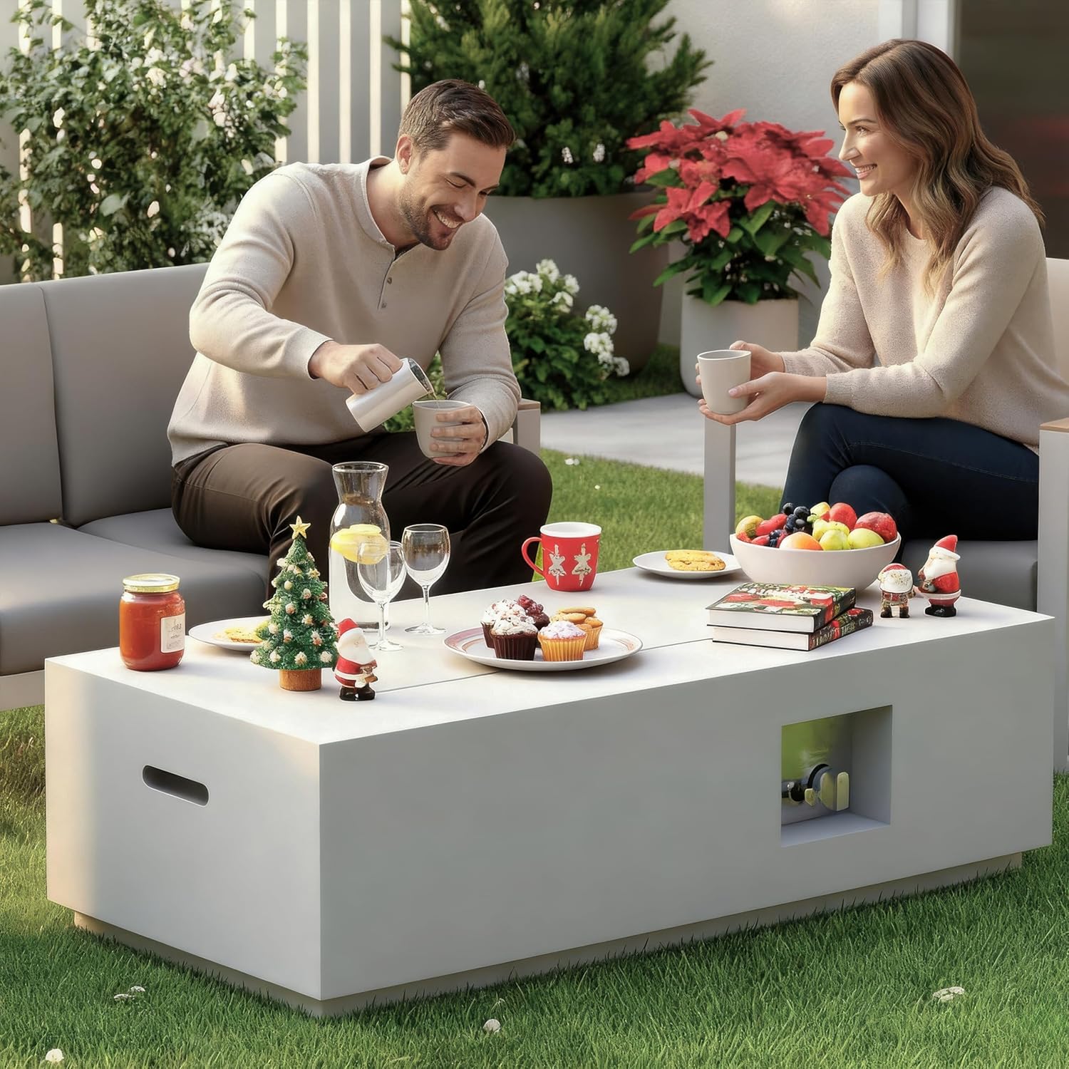 RADIATA 42” Rectangle Propane/Natural Gas Fire Pit for Outside Patio, Elegant Minimalist Lowprofile Firepit Table with Tank Table Long Large, 50000BTU Durable Sturdy Fireplace for Outside, Urban White