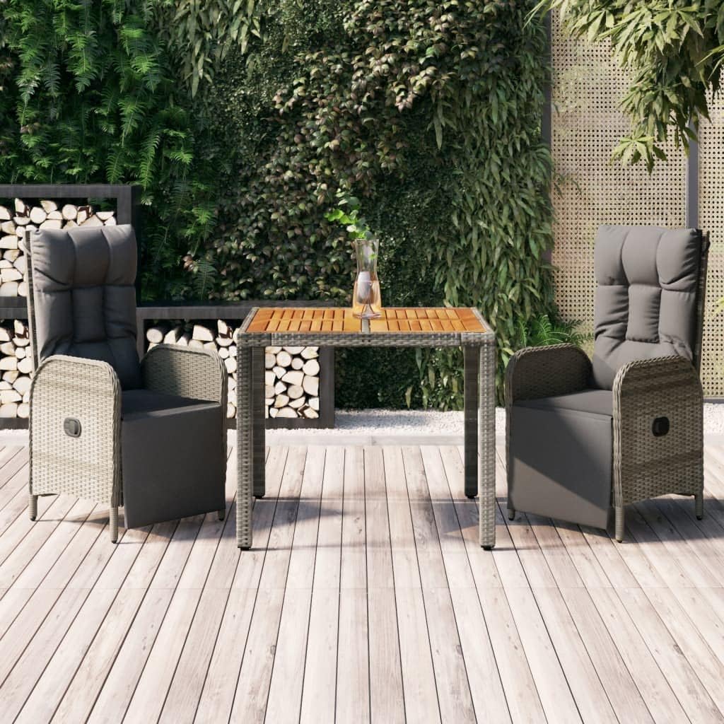 3 Piece Patio Dining Set with Cushions Gray Poly Rattan,Outdoor Dining Table and Chairs Set with Reclining Loungers in Modern Elegant Design Furniture Sets for Patio, Lawn & Garden