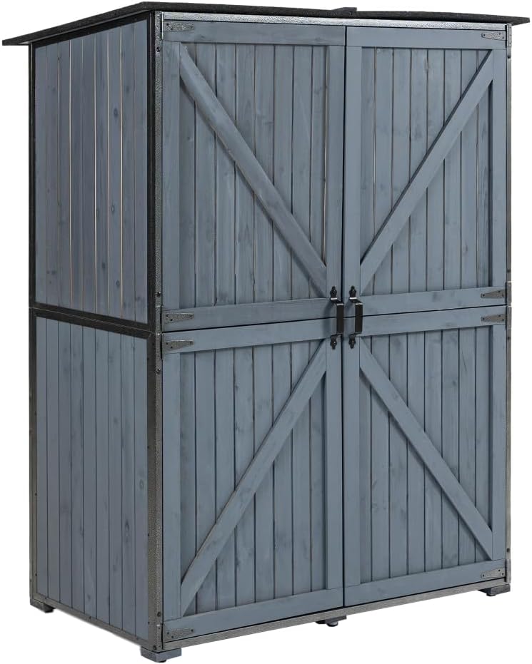 Outdoor Weatherproof Storage Shed - Metal Frame, Wood Floor, Lockable Double Doors & Adjustable Shelves (55.1