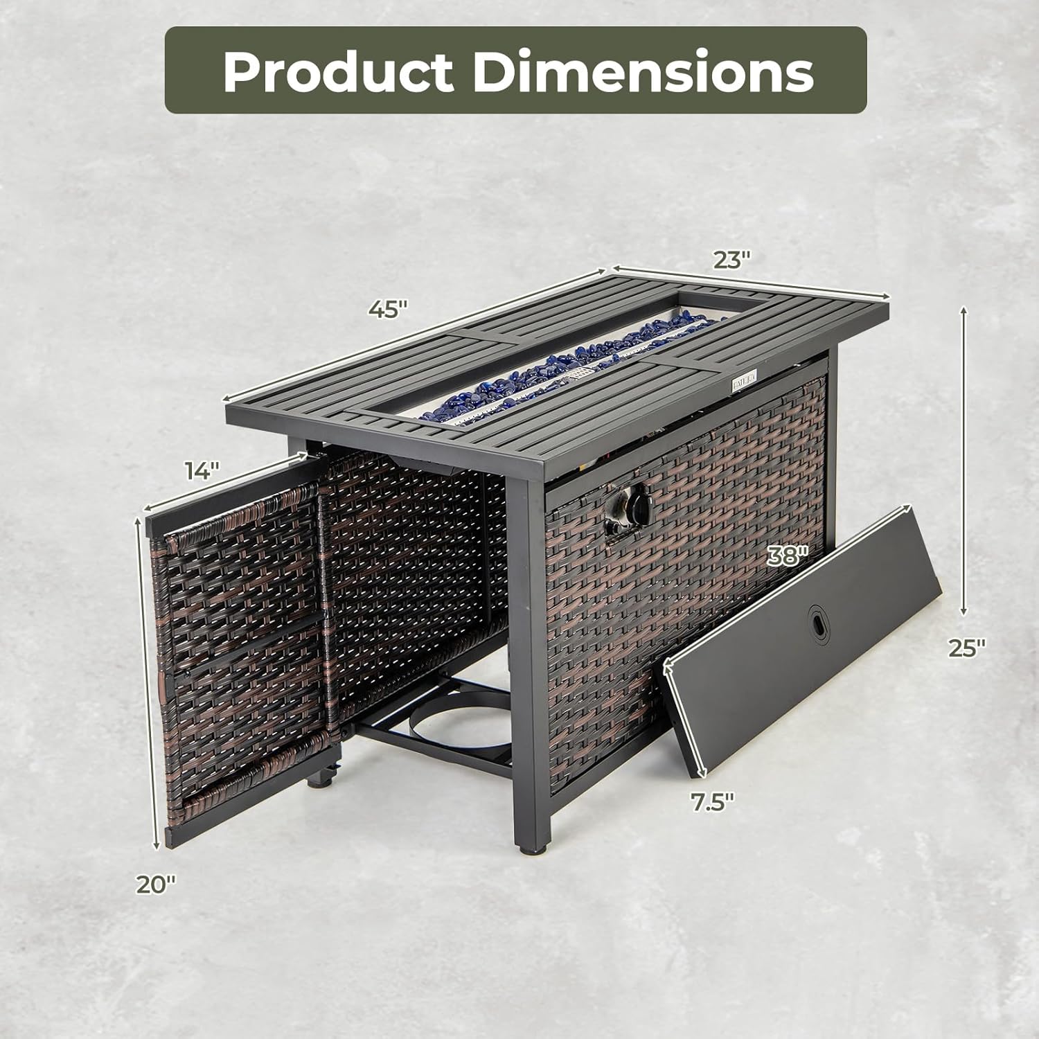 Tangkula 45 Inch Rattan Propane Fire Pit Table, Patiojoy 50,000 BTU Outdoor Rectangle Fire Pit with Glass Stones & Protective Cover, Heavy-Duty Metal Frame & Top, Patio Fire Table for Backyard