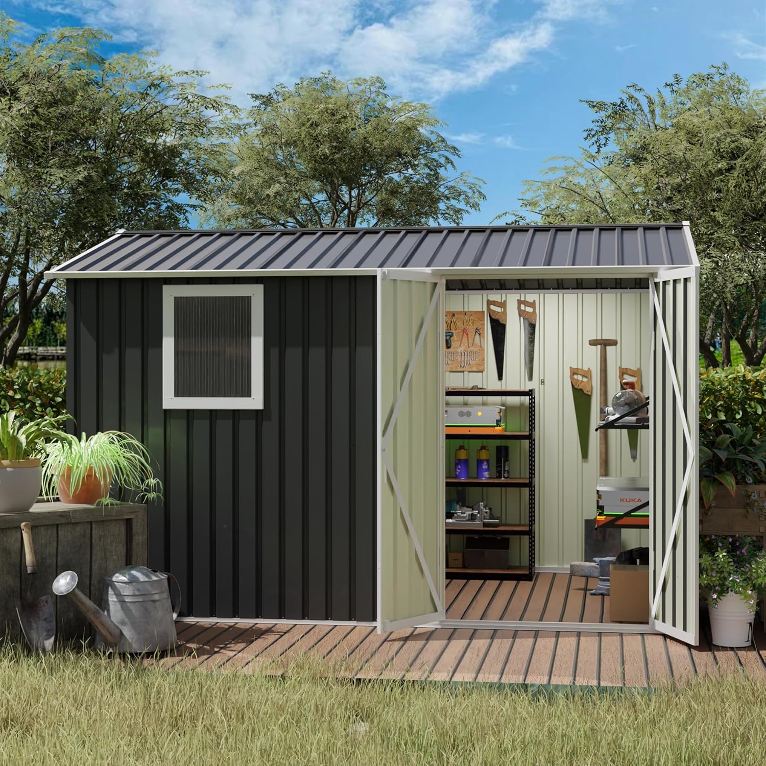 9 x 6 FT Metal Garden Shed for Patio Backyard Storage with Window Grey Galvanized Steel Tool House Storage Shelter