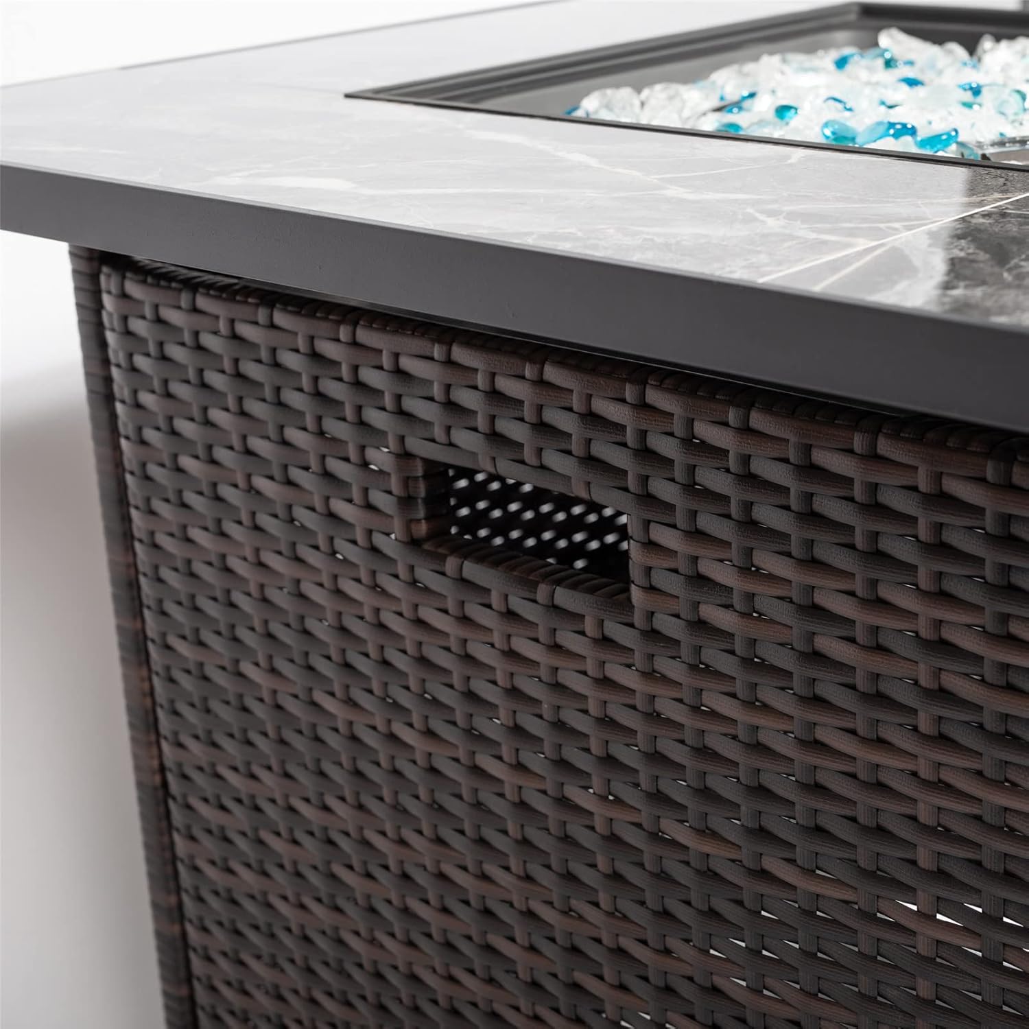 30-Inch Outdoor Propane Fire Pit Table with Ceramic Tile Tabletop – 40,000 BTU Heat Output, Dark Brown Wicker Design, Adjustable Flame, Steel Lid, Rain Cover & Glass Rocks Included – ETL Approved