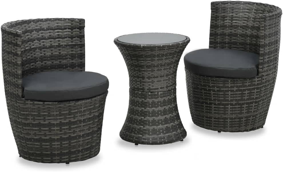 3 Piece Bistro Set with Cushions Poly Rattan Gray,Rattan Bistro Set for Patio and Balcony with Cushioned Chairs and Frosted Glass Table Patio Furniture Sets, Outdoor Furniture Sets