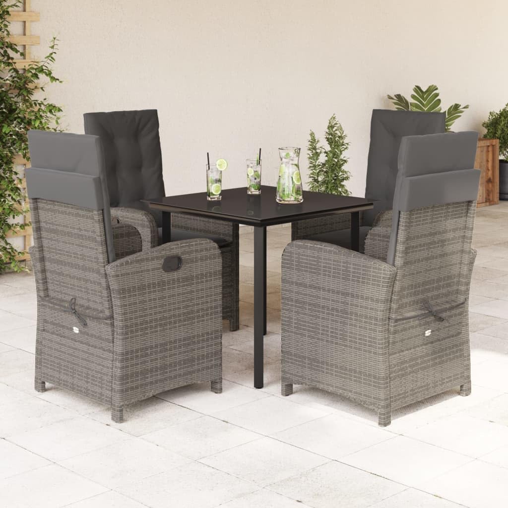 5 Piece Patio Dining Set, Dark Grey PE Rattan Outdoor Table and Chairs with Adjustable Backrest, Comfortable Cushions, Powder-Coated Metal for Balcony, Garden