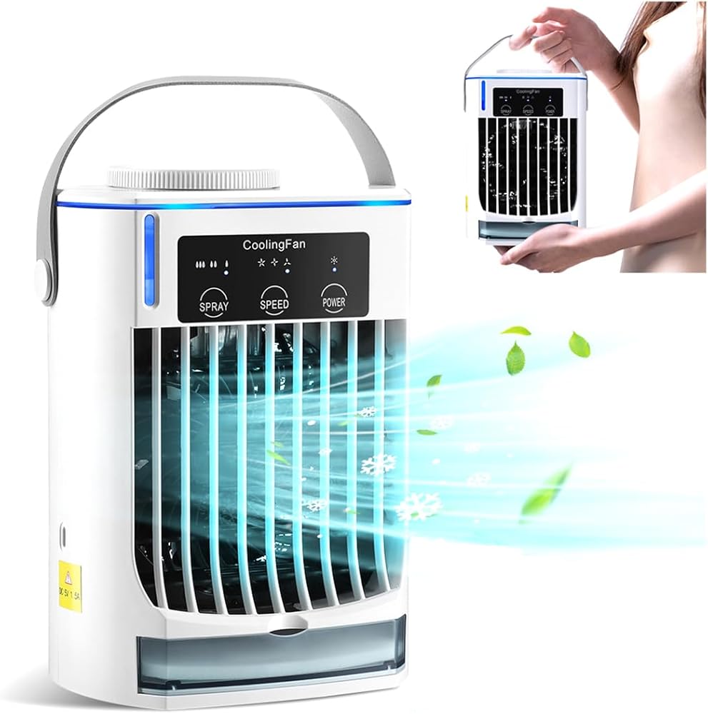 Portable Air Conditioner Fan, Small Air Conditioner Cooling Fan with 3 Fresh Wind Speeds and Handle, Personal USB Rechargeable Air Cooler, for Car Bedroom Office Home Tent Camping