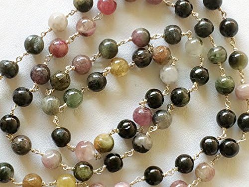 LKBEADS 5 FEET Multi Tourmaline Plain Round Balls Beads in 925 Silver Wire Wrapped Rosary Style Chain
