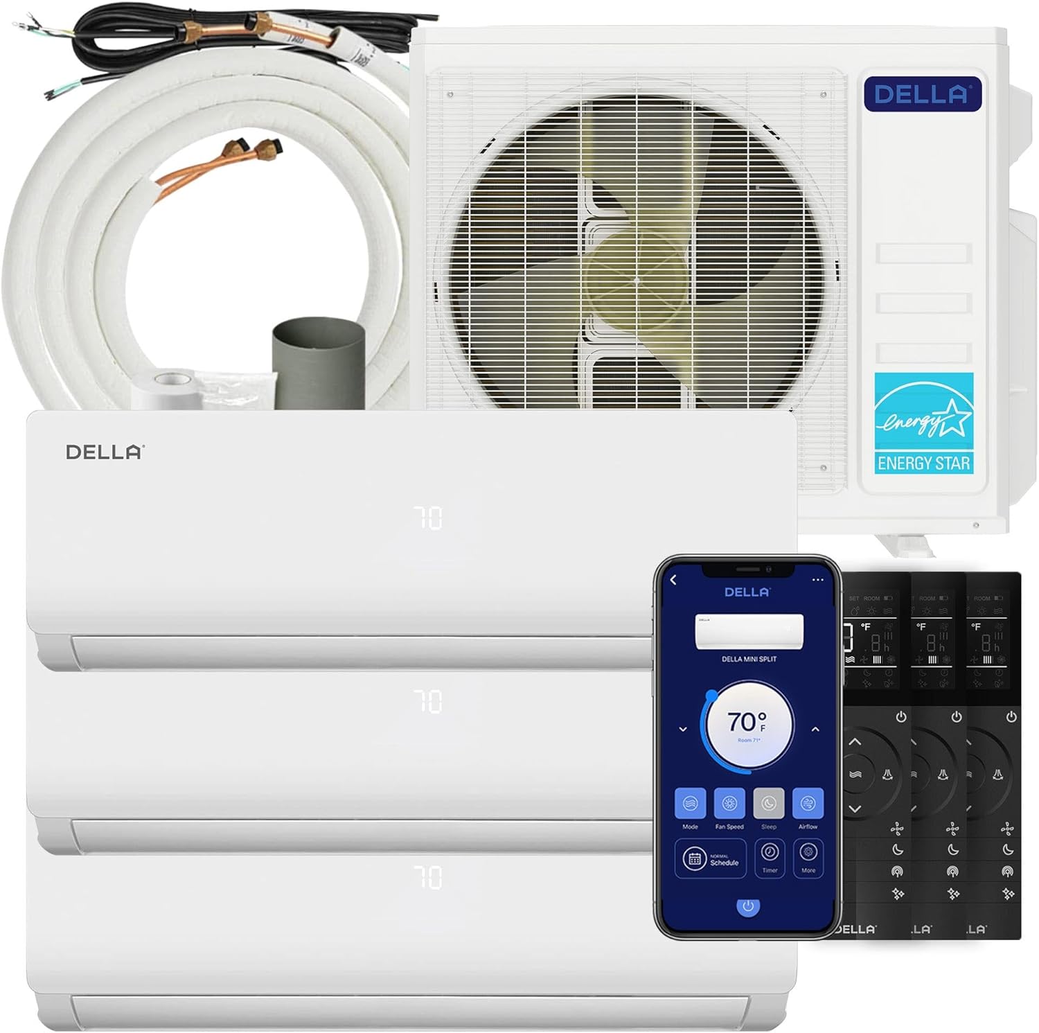 DELLA 28K BTU ODU Mini Split AC Tri 3 Zone (9K 9K 12K BTU) 20 SEER2 208-230V Works with Alexa and Wifi, Cools Up to 1350 Sq.Ft, Energy Efficient, Multi Zone, Pre-Charged Heat Pump, 16ft Kits