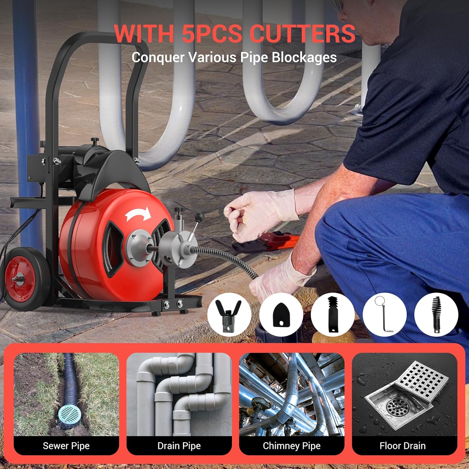 Drain Cleaning Machine 100Ft 3/4 Inch Cable, 450W Auto Feed Portable Electric Sewer Snake, Electric Drain Auger with 4 Cutter Air-Activated Foot Switch for 2