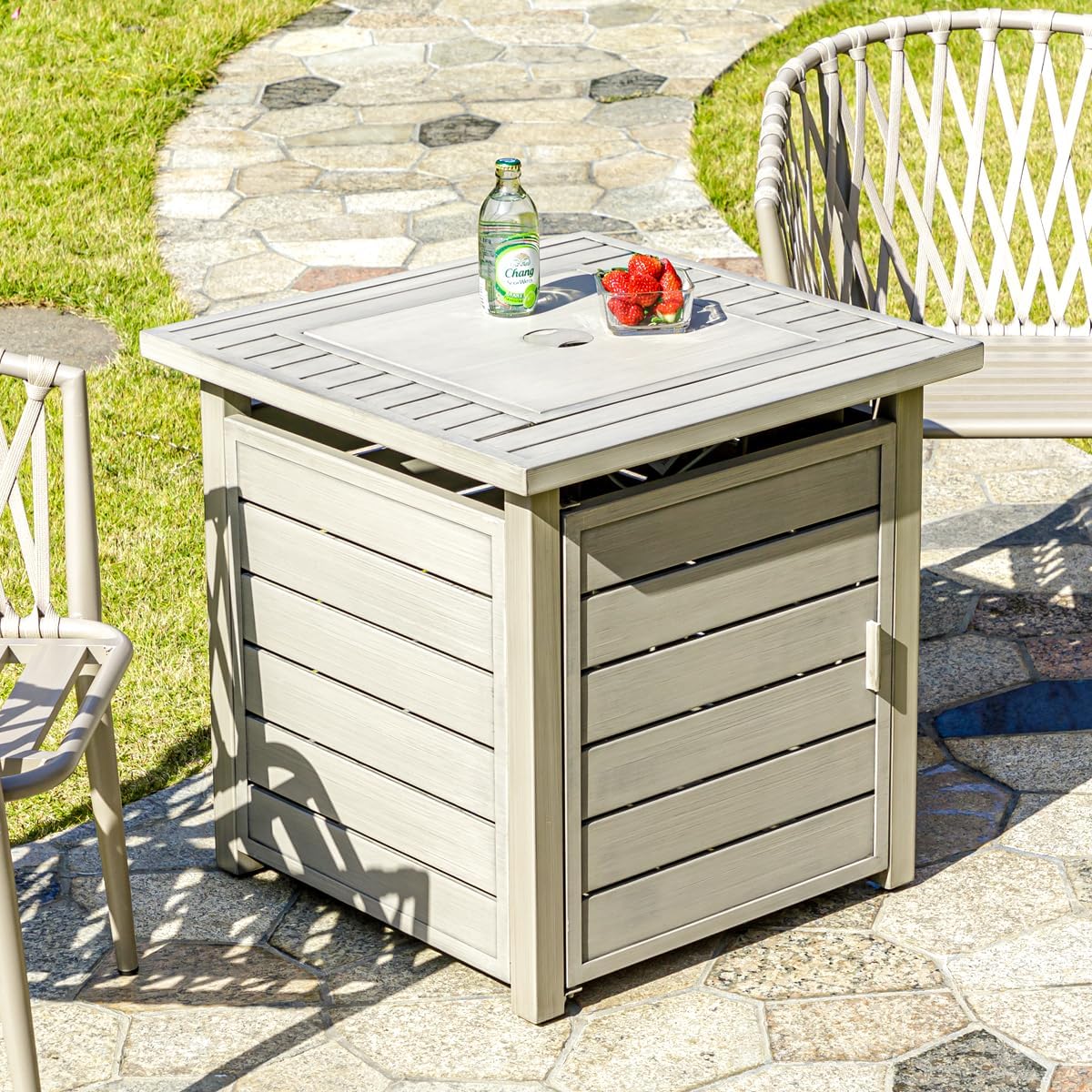 28 Inch Propane Fire Pit Table, Outdoor Gas Fire Pits with Lid & Lava Rock, 50000 BTU Firepit for Dinning, Party in Outside, Patio, Garden or Yard (Light Grey)