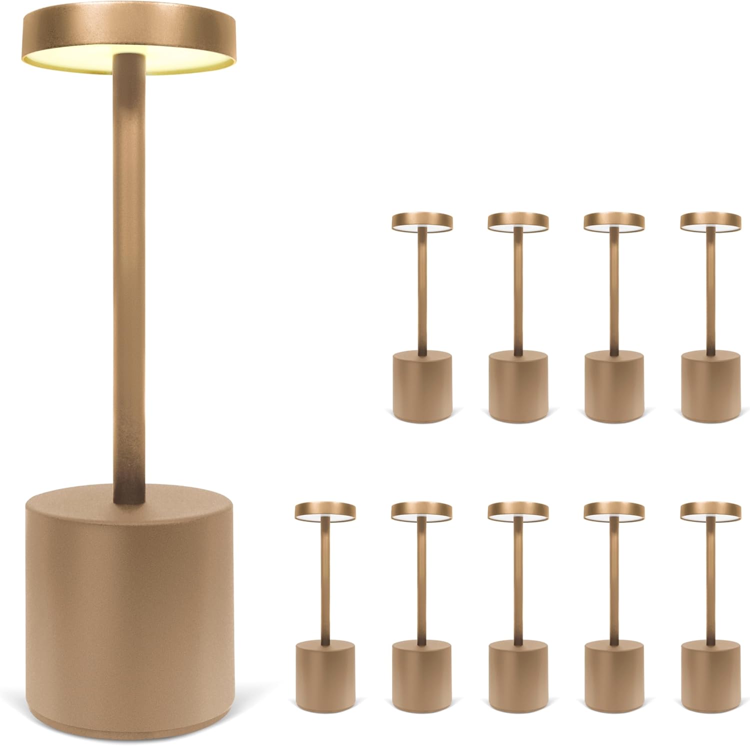 Upper Midland Products 10 Pack - Gold Rechargeable Cordless Table Lamps, Portable LED Desk Lamps, Dimming 5000mAh Rechargeable Battery Powered LED Lighting for Restaurant,Bar, Bedroom, Outdoor, Party
