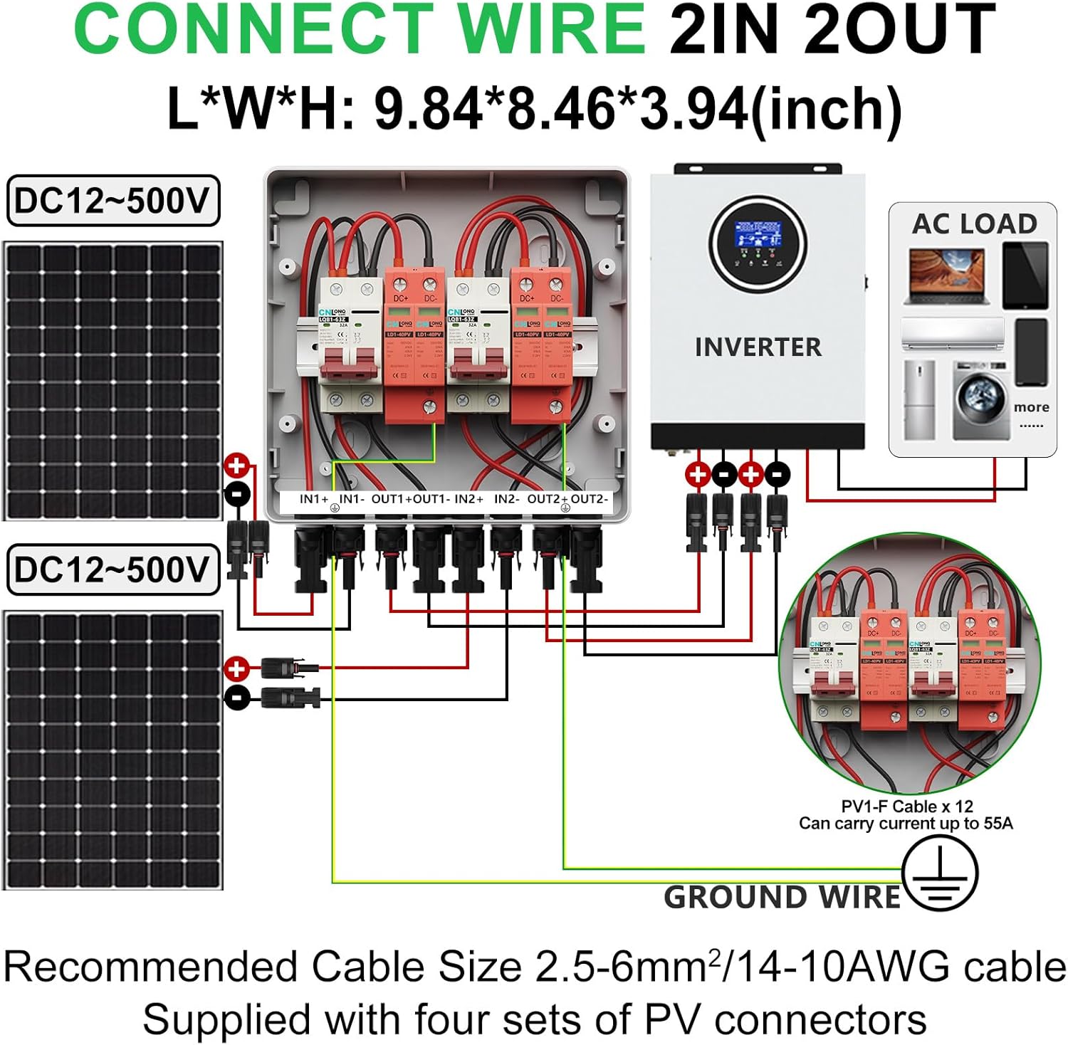 2 Strings Solar Disconnect Switch 32 Amp DC 500V Circuit Breaker with Lightning Surge Protector Arrester and IP65 Waterproof PV Combiner Breaker Box 2 in 2 Out for Solar Panel System