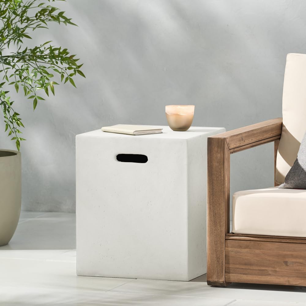 Modern Minimalist Lightweight Concrete Outdoor Propane Tank Hideaway Side Table – No Assembly, Stylish Durable Patio/Fire-Pit Accent (White)