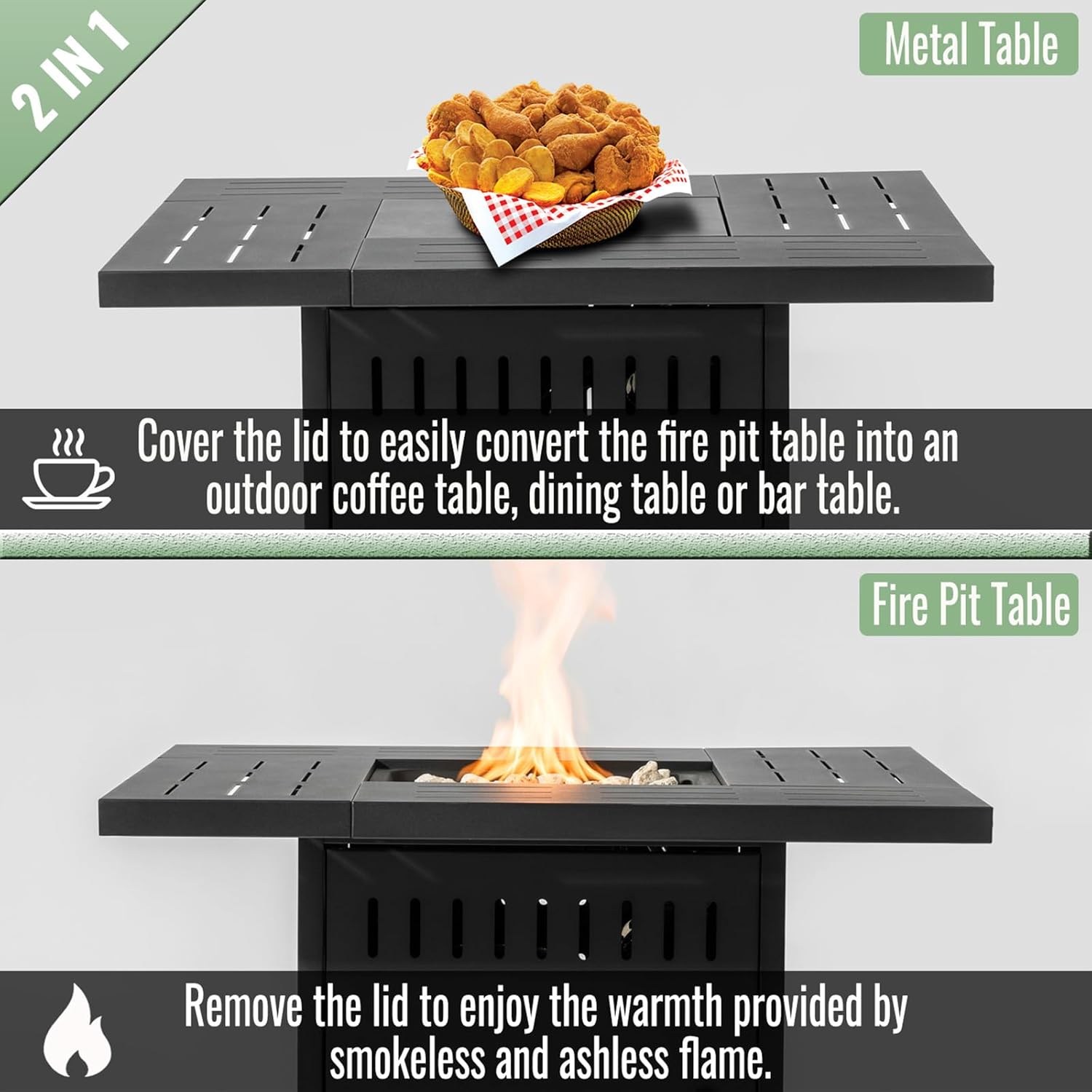 34 Inch Propane Fire Pit Table, 50000 BTU Rectangular Steel Fire Table with Removable Top, Steel Lid & Lava Rocks, Deck Safe for Outdoor Patio Garden Use (Black)