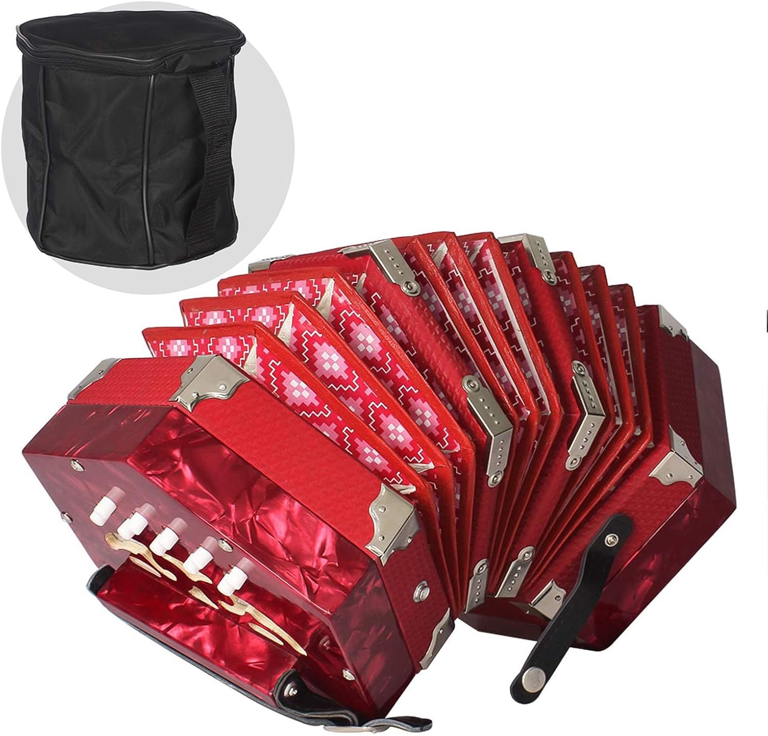 Concertina 20 Buttons 40-Reed Anglo Style Accordion for Adults Professional Accordion for Beginners Adjustable Hand Strap Musical Instrument With Carrying Bag (Red)
