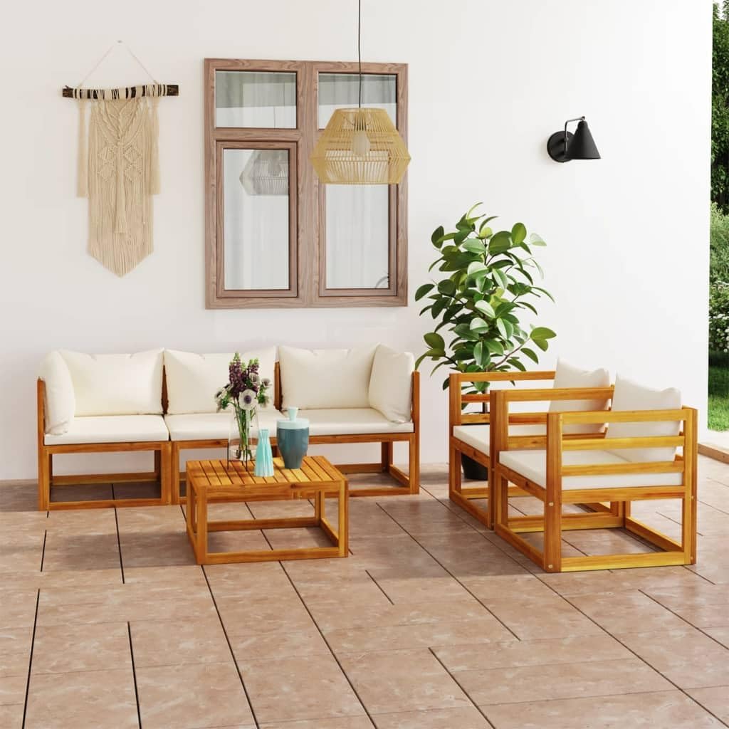 6 Piece Patio Lounge Set with Cushion Cream Solid Acacia Wood,Acacia Wood Lounge Set for Outdoor | Modular & Removable Cushions Patio Furniture Sets, Outdoor Furniture Sets