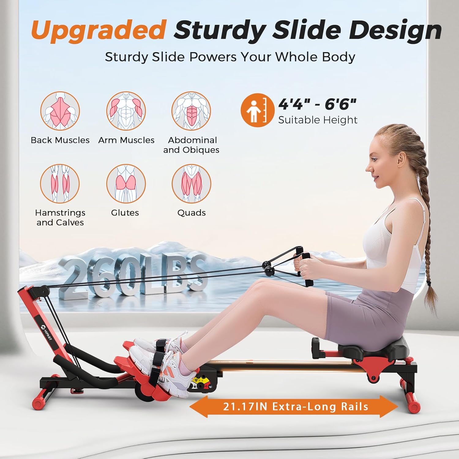 Rowing Machines for Home, 4 in 1 Rowing and Ab Machine with 2 Levels of Workout Resistance, Quiet & Foldable Row Machine with 3 Adjustable Handle Heights & LCD Monitor, Rower Machine for Home