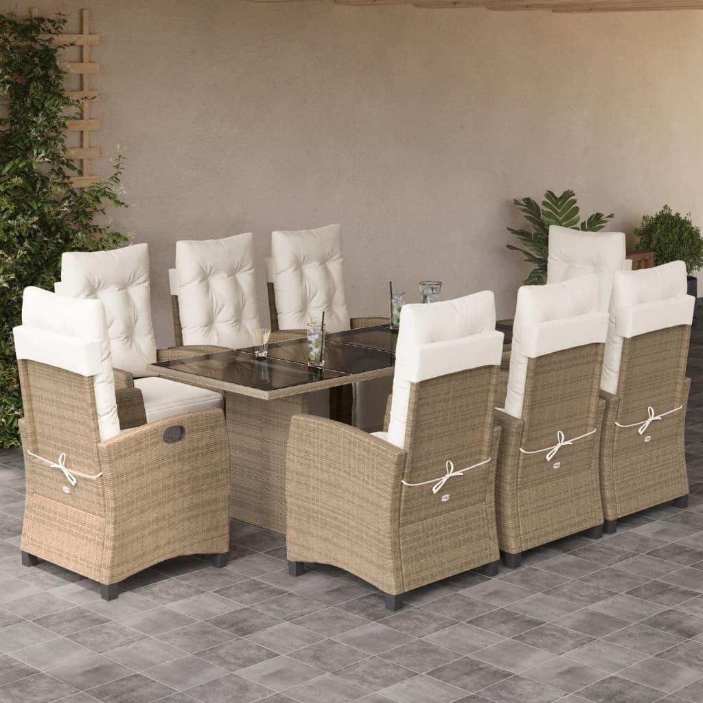 Furniture Sets 9 Piece Patio Dining Set with Cushions Beige Poly Rattan,Modern Outdoor Rattan Dining Set with Adjustable Backrest for Patio and Garden Garden Conversation Sets