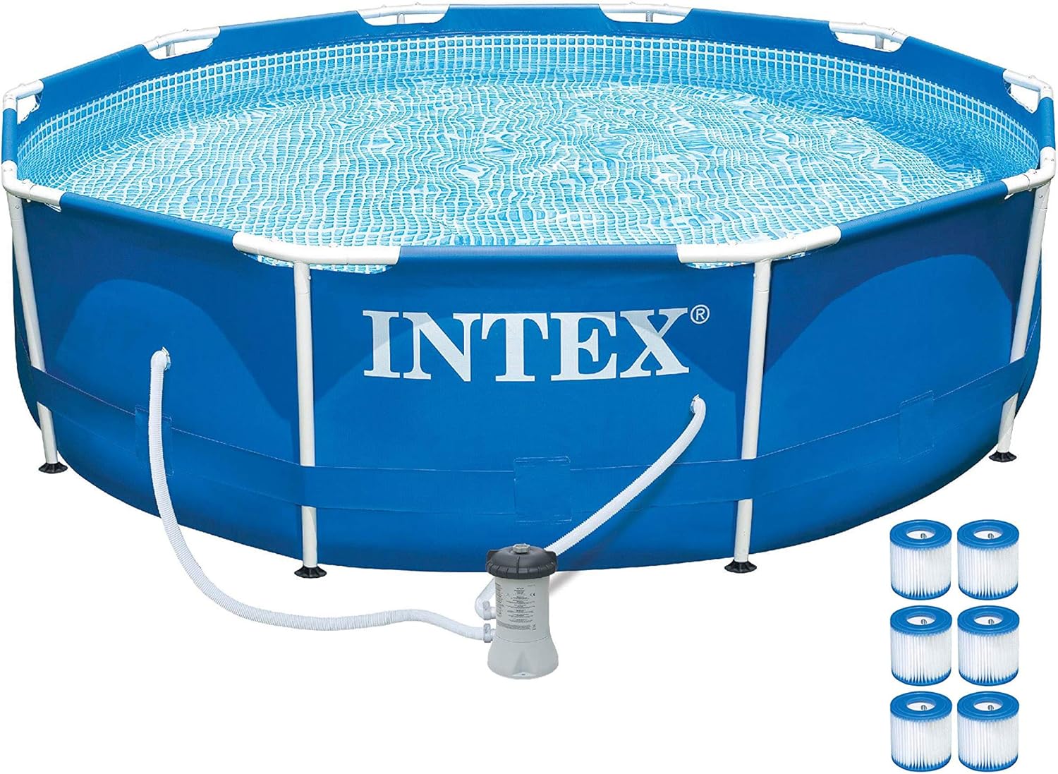 Intex 4 Person Metal Frame Outdoor Above Ground Pool Set with Drain Plug, Filter Pump, and 6 Type H Replacement Filter Cartridges, Blue