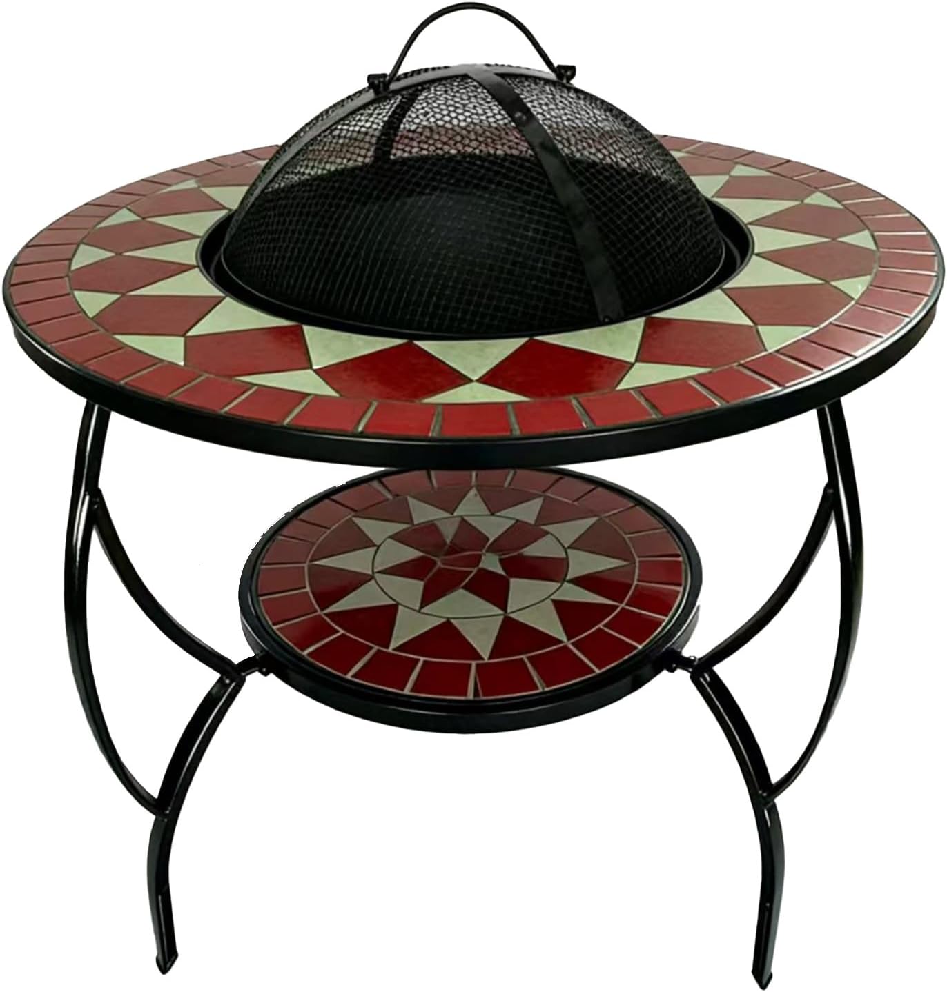 Mosaic Tile Fire Pit with Stand, Outdoor Garden Patio Heater, Blue and White Pattern, Metal Frame, Two-Tier Design (Color on The Picture)