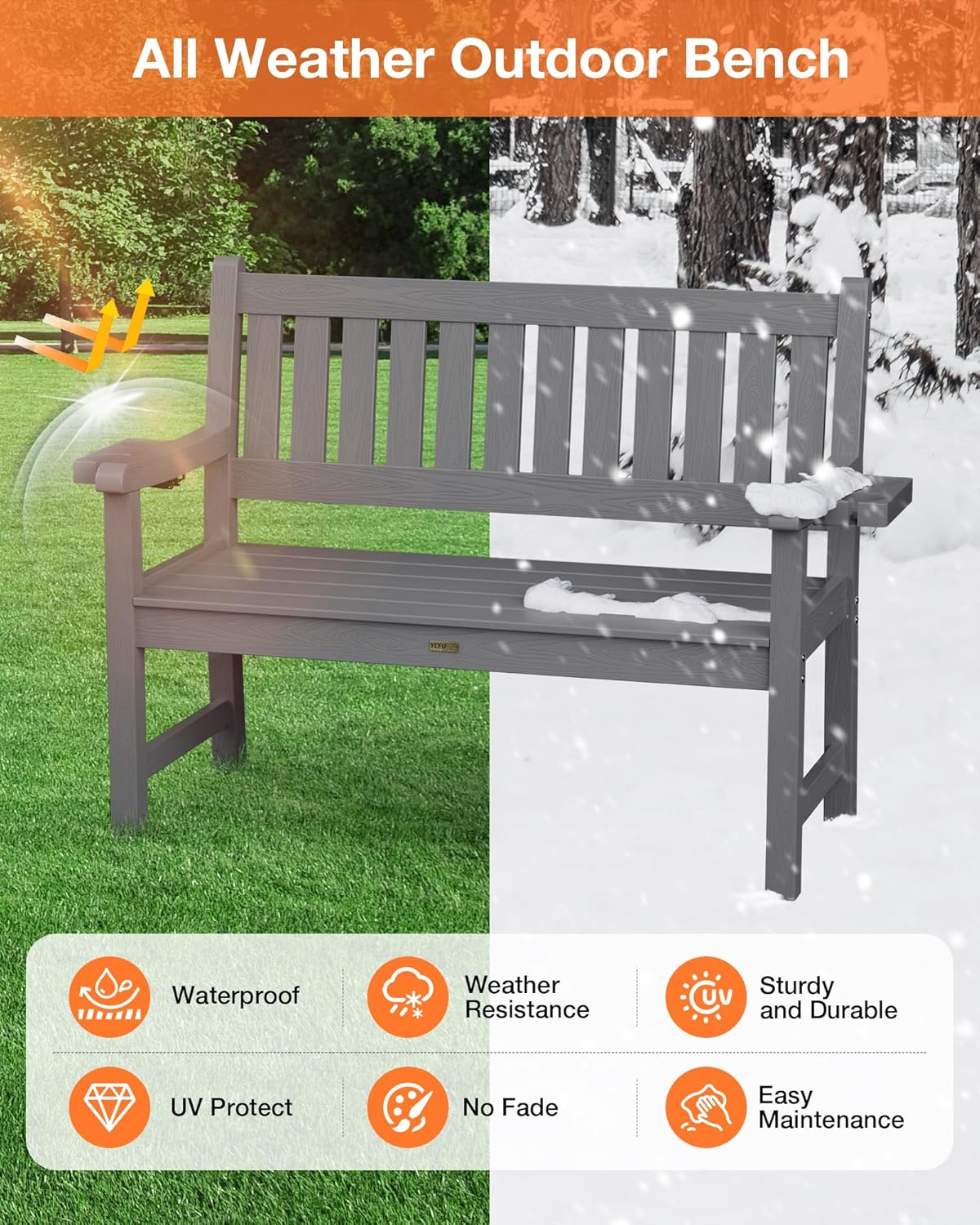 YEFU Outdoor Bench for Patio Waterproof: Heavy Duty 2-Person Garden Bench Set of 2 with 2 Cup Holders & Oversized Seating - HIPS Weatherproof Patio Benches for Front Porch Backyard Park, Grey