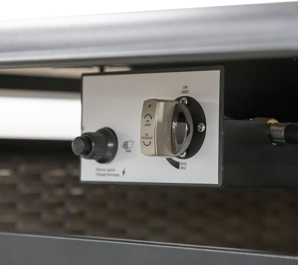 Greemotion USA Arosa Outdoor Bistro Set 3-Piece Bar Height Fire Pit Brown Wicker Rattan with Swivel Chairs and 50000 BTU Gas Firepit Table Flame Box Backyard Garden Patio, Gray and Black