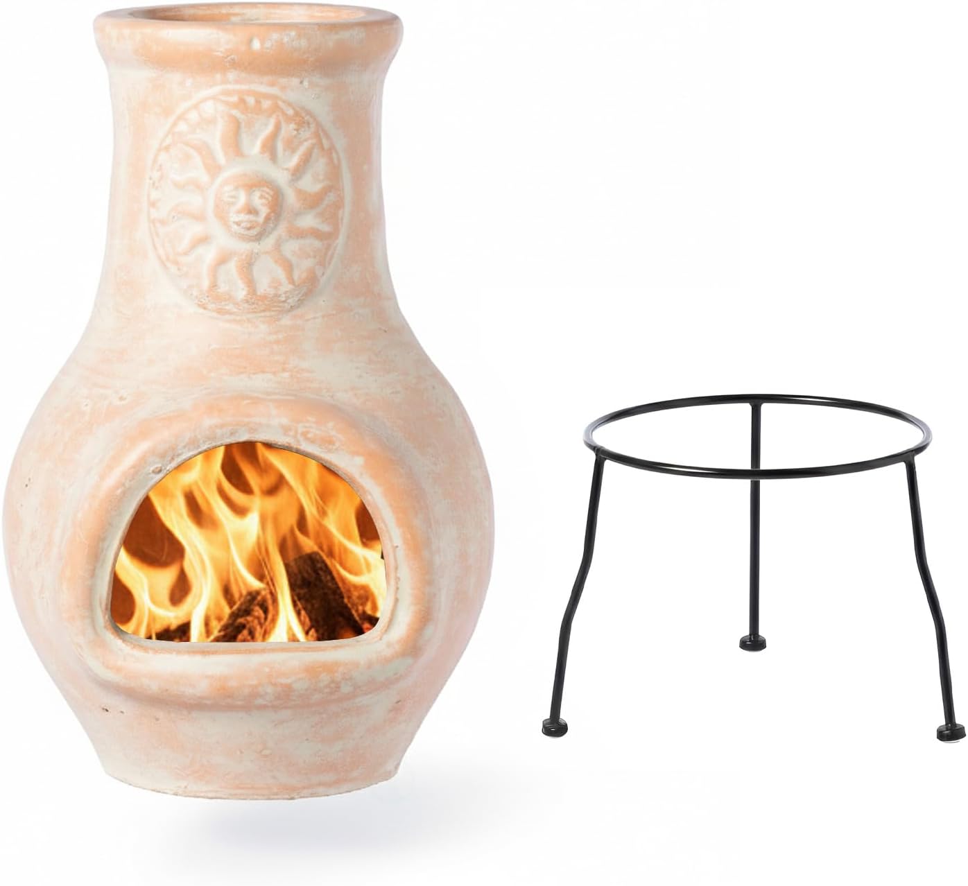 Vintiquewise Beige Outdoor Clay chiminea Outdoor Fireplace Sun Design Charcoal Burning Fire Pit with Sturdy Metal Stand, Barbecue, Cocktail Party, Family Gathering, Cozy Nights Fire Pit