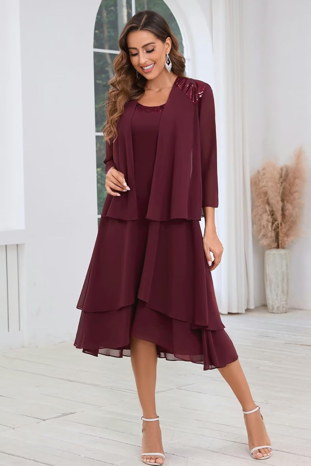 BANTRATIC 2 Pieces Mother of The Bride Dresses for Wedding 3/4 Sleeve Knee Length Hi-Lo Chiffon Sequin Formal Party Gown