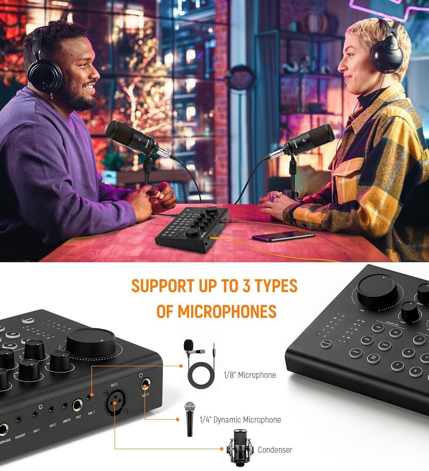 Synido Podcast Equipment Sound Card, Audio Interface Mixer with Pro-preamp, 48V Phantom, 9 Customize Sound Pads, XLR, 1/4